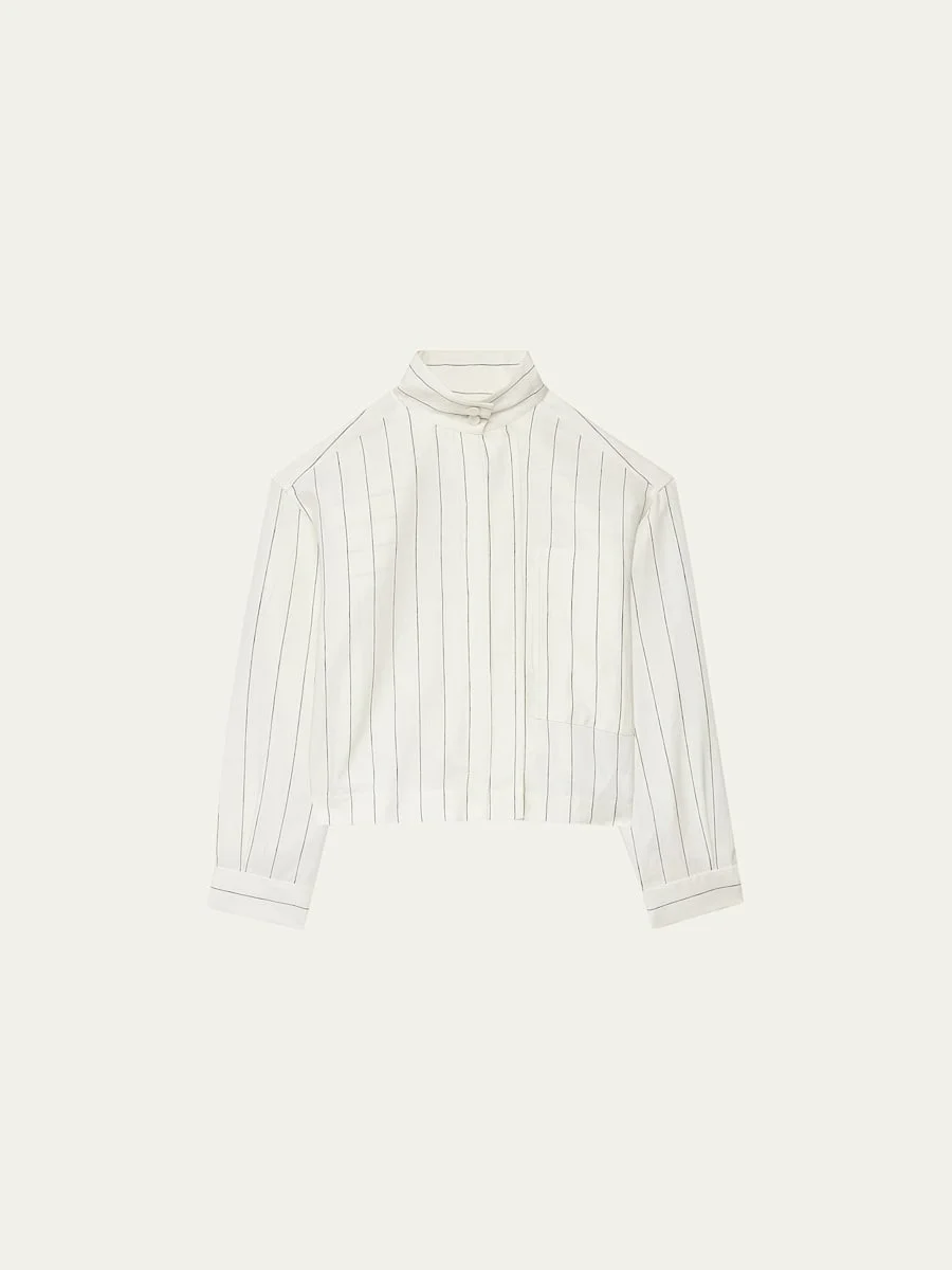 Stripe Stand-Collar Crop Linen Shirt - 1