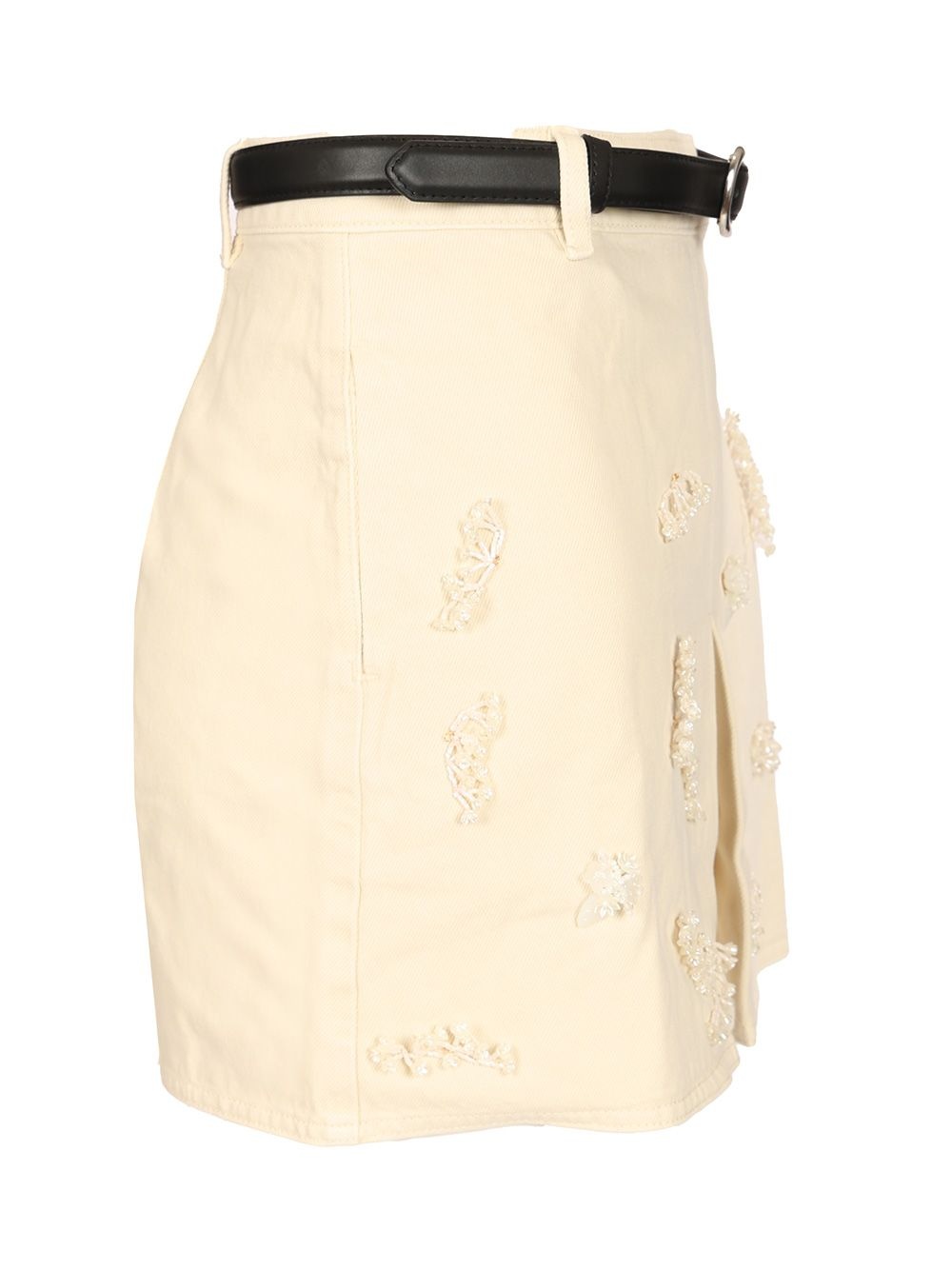 Cream Denim Beaded Floral Mini Skirt Skirts White - 3