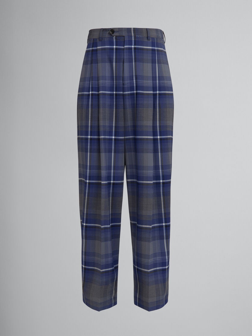 BLUE CHECKED WOOL PLEATED TROUSERS - 1