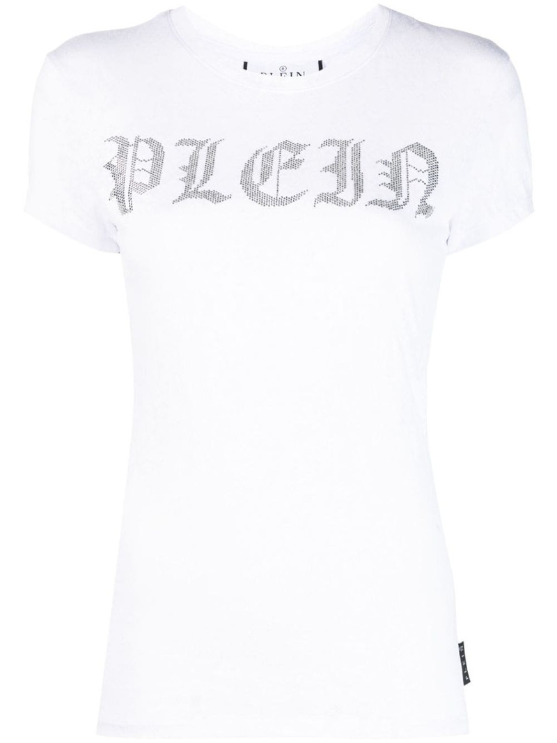 rhinestone-logo snake-print T-shirt 1