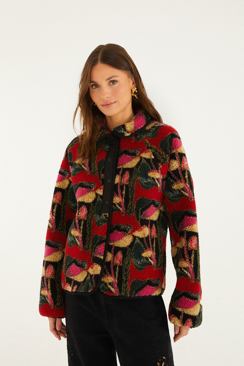 Black Wild Mushrooms Fleece Bomber Jacket 1