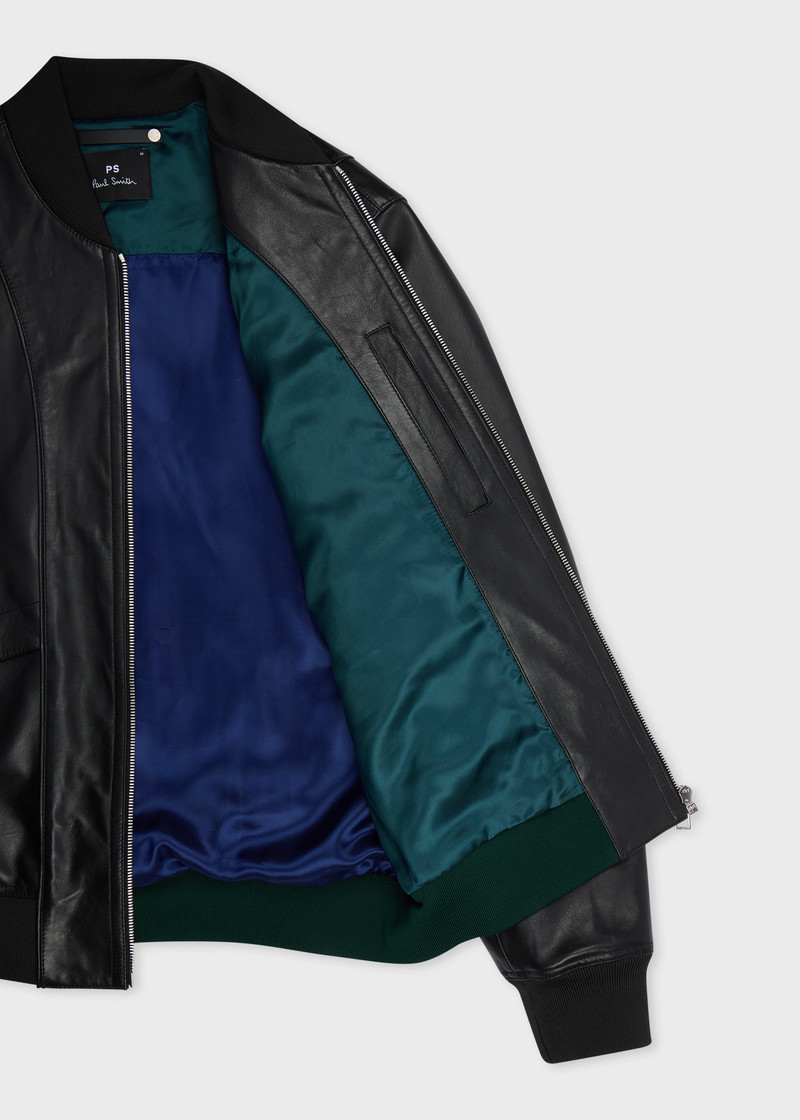 Black Leather Zip-Front Bomber Jacket 4