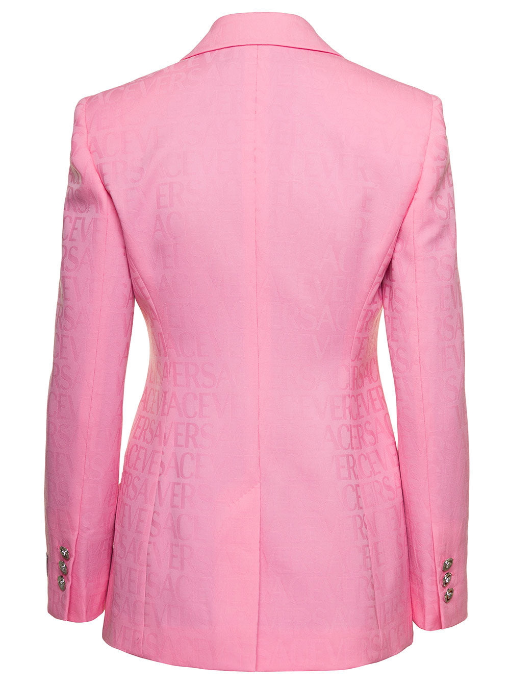 Versace Women Pink Single-Breasted Jacket With All-Over Tonal Logo Lettering Print In Wool Woman - 2