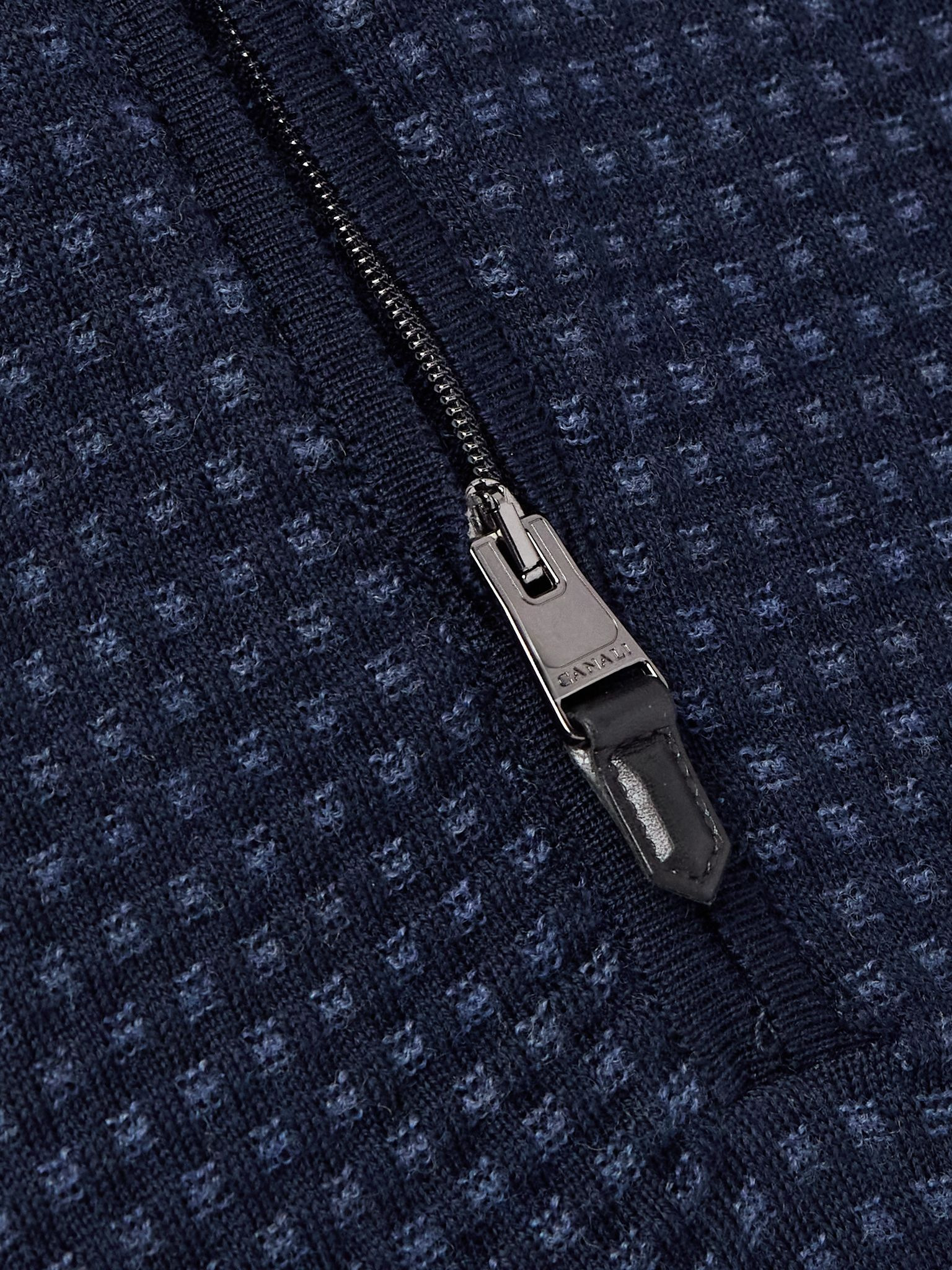 Basketweave Jacquard-Knitted Wool Half-Zip Polo Shirt Blue - 4