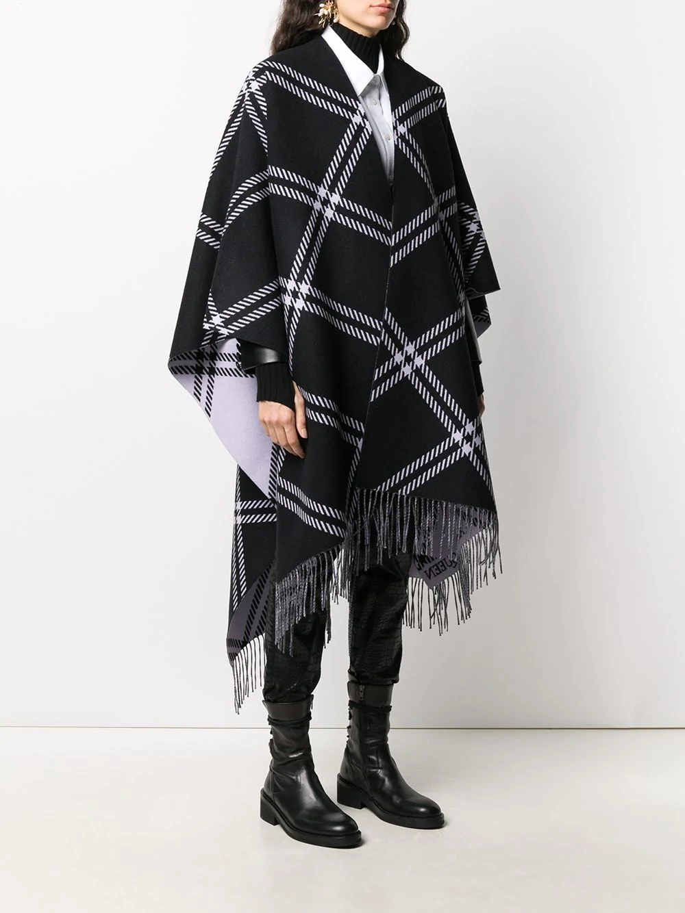 oversized checked fringed cape - 3