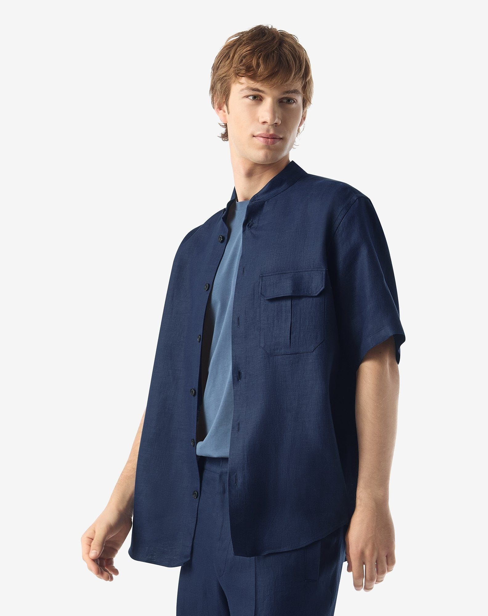 Blue short-sleeved pure linen shirt - 2