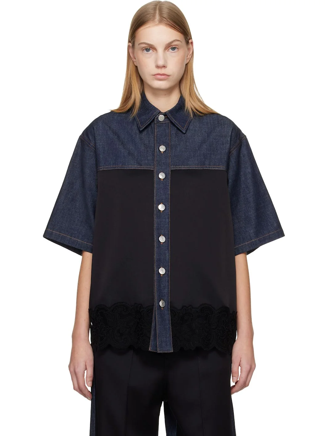 Navy & Black Satin Panel Short-Sleeve Denim Shirt - 1