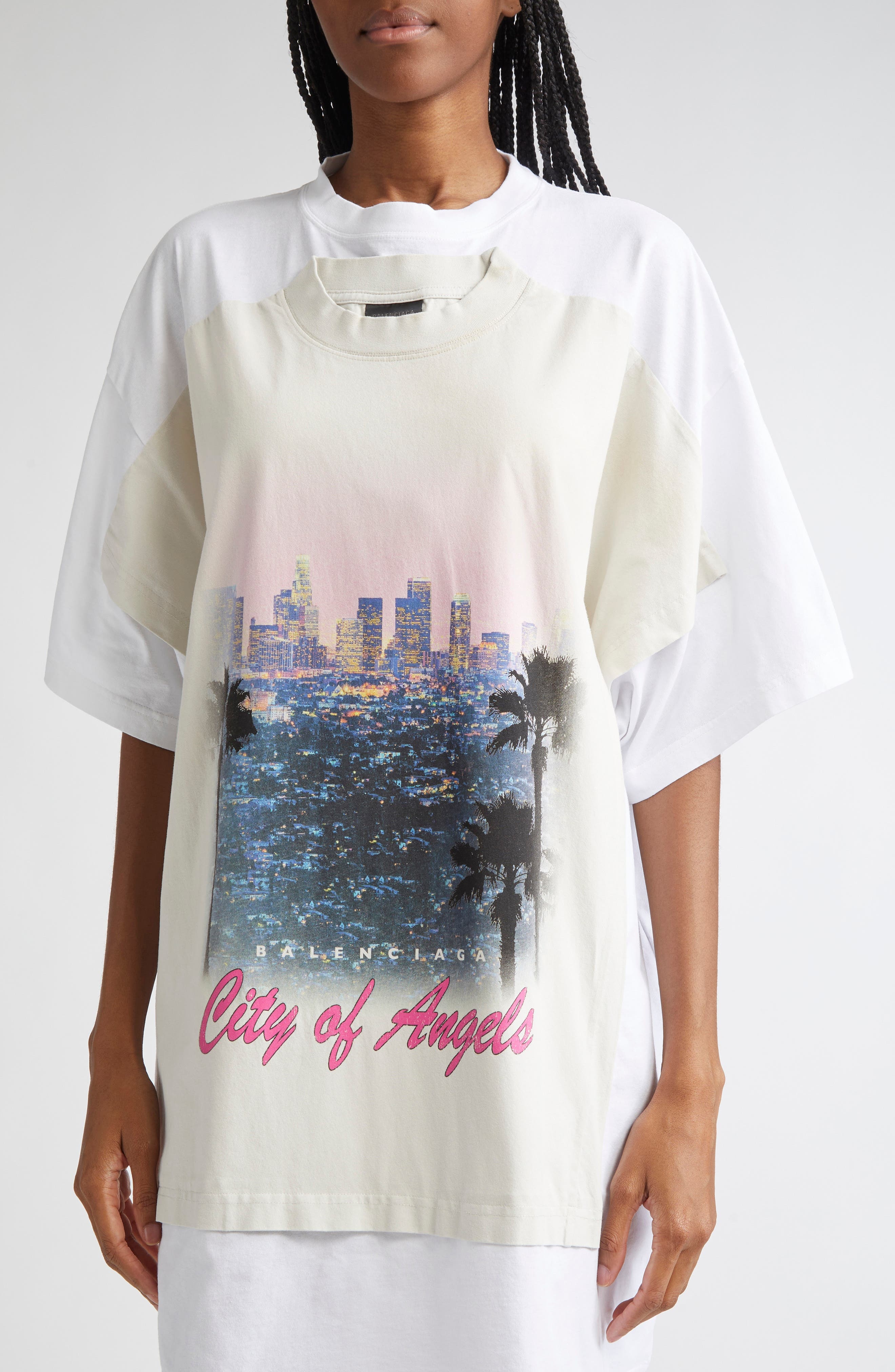 Balenciaga Patched City of Angels Graphic T-Shirt Dress in 9060 Dirty White/White at Nordstrom - 4