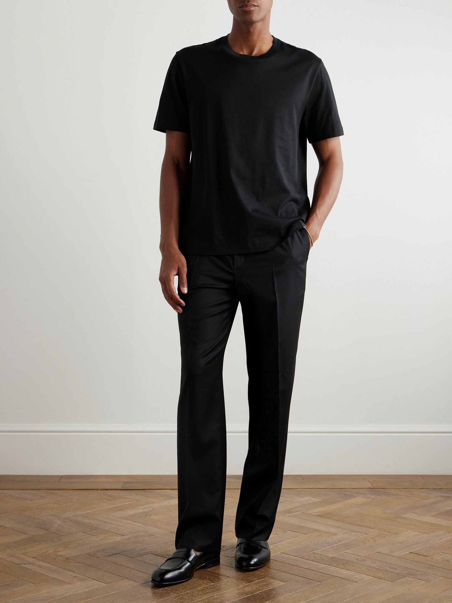 Leather-Trimmed Cotton-Jersey T-Shirt Black - 2