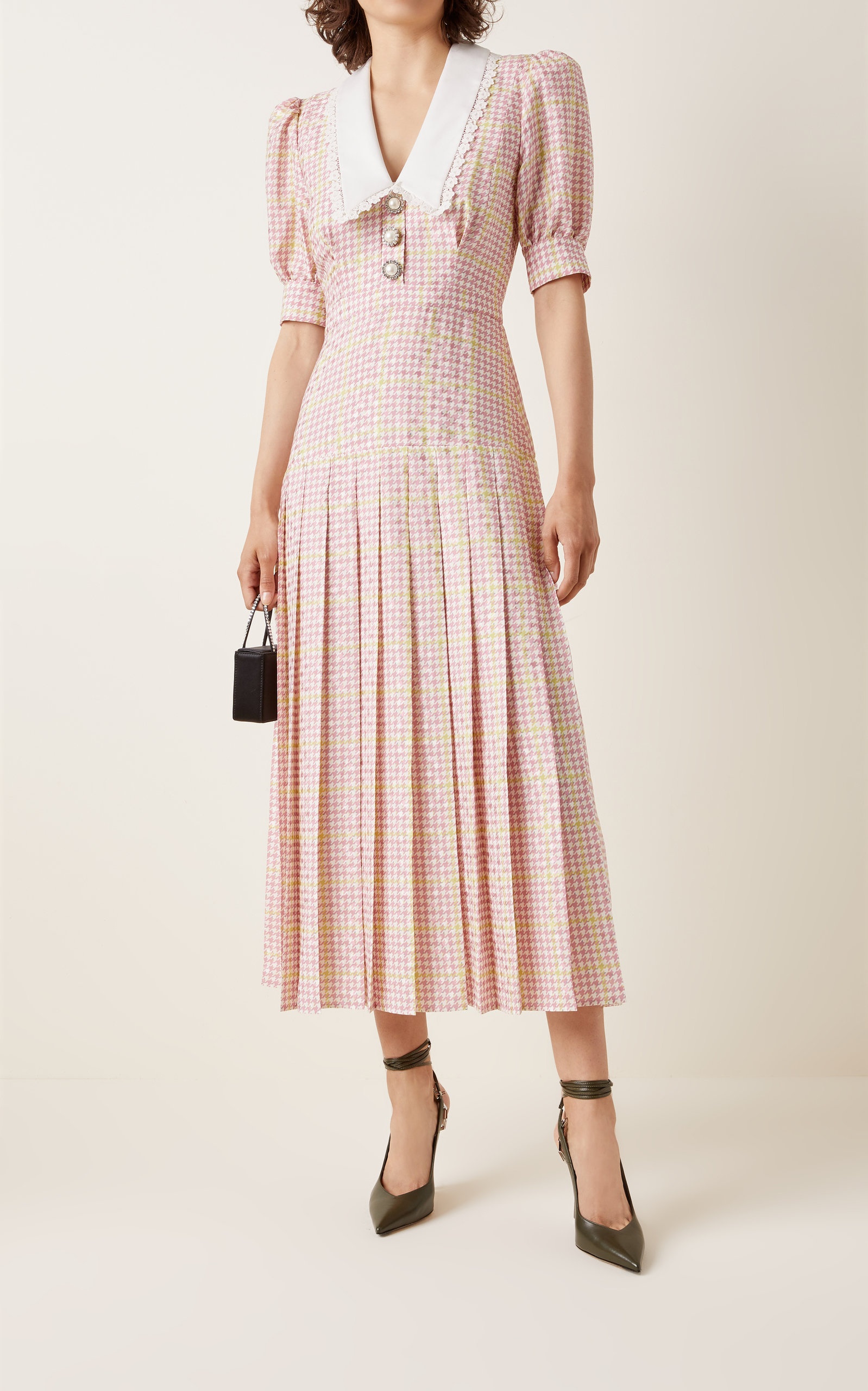 Lace-Trimmed Houndstooth Silk Midi Dress pink - 2