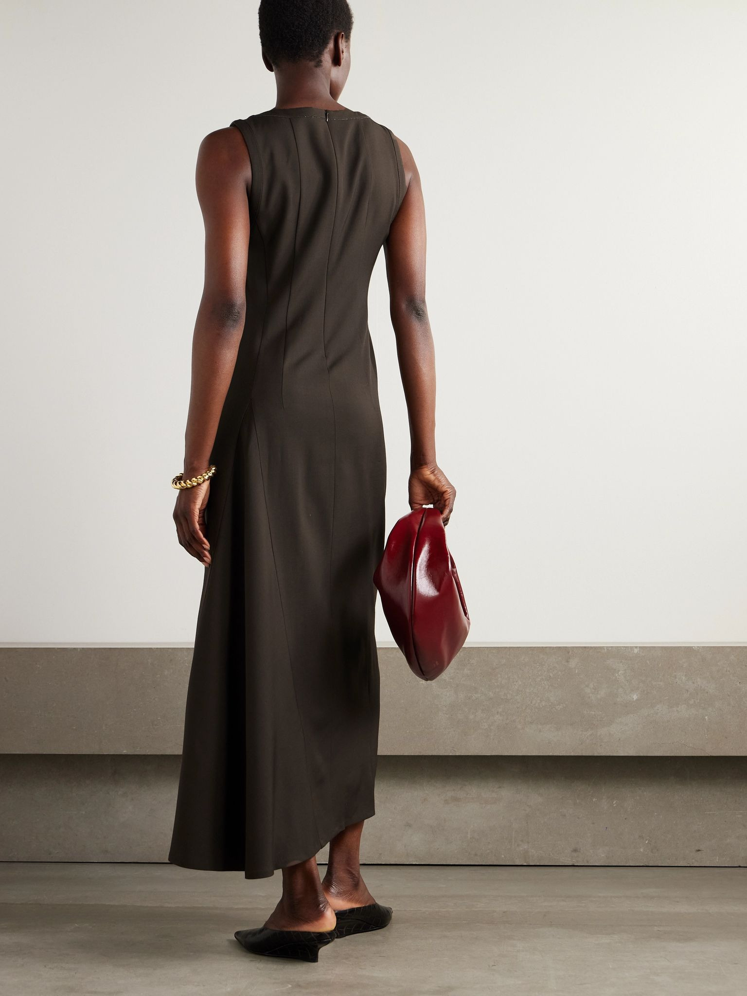 Bead-embellished wool-blend twill maxi dress Dark brown - 3