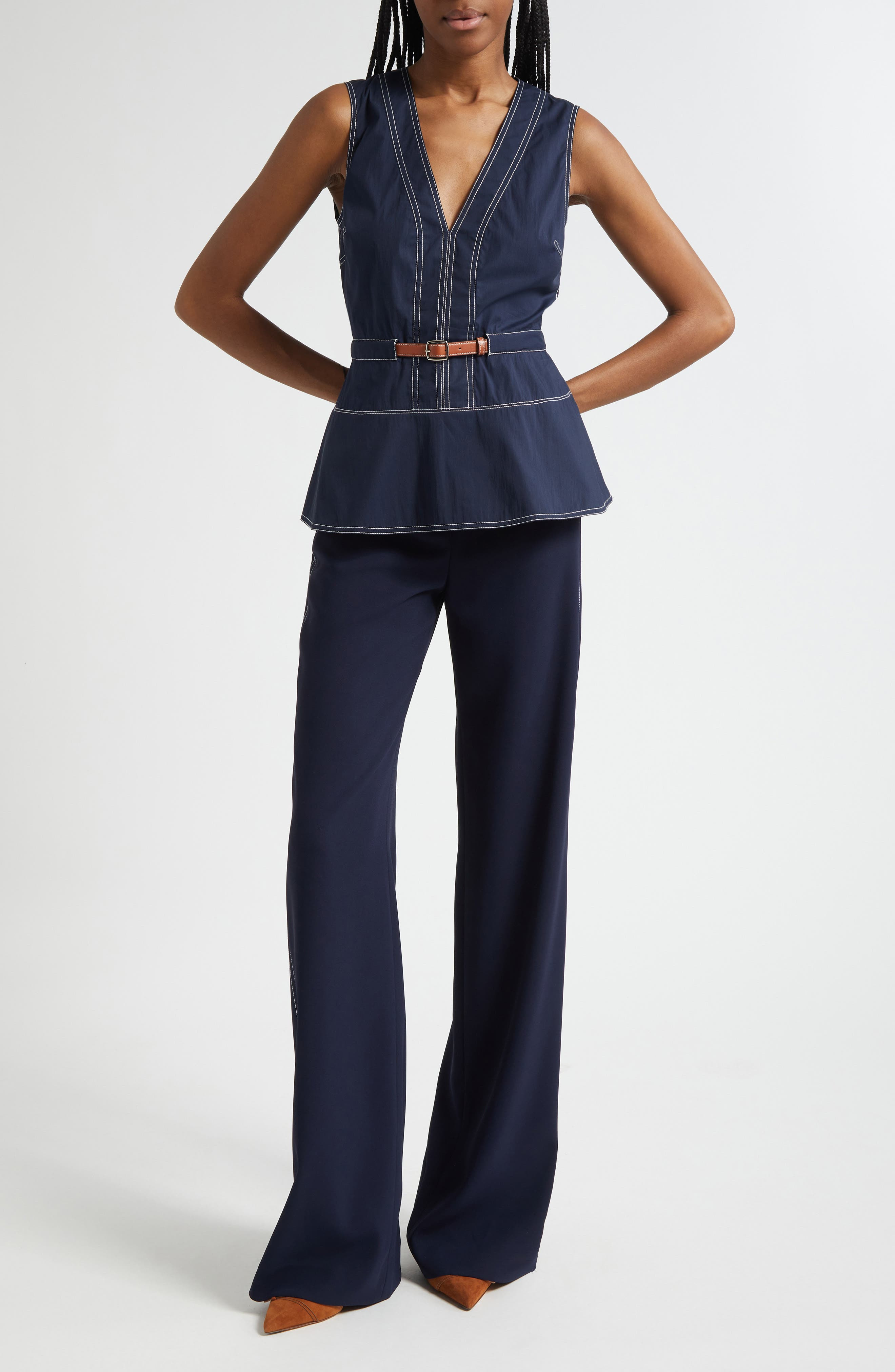 Veronica Beard Nickleby Topstitch Detail Sleeveless Cotton Blend Top in Navy at Nordstrom - 2
