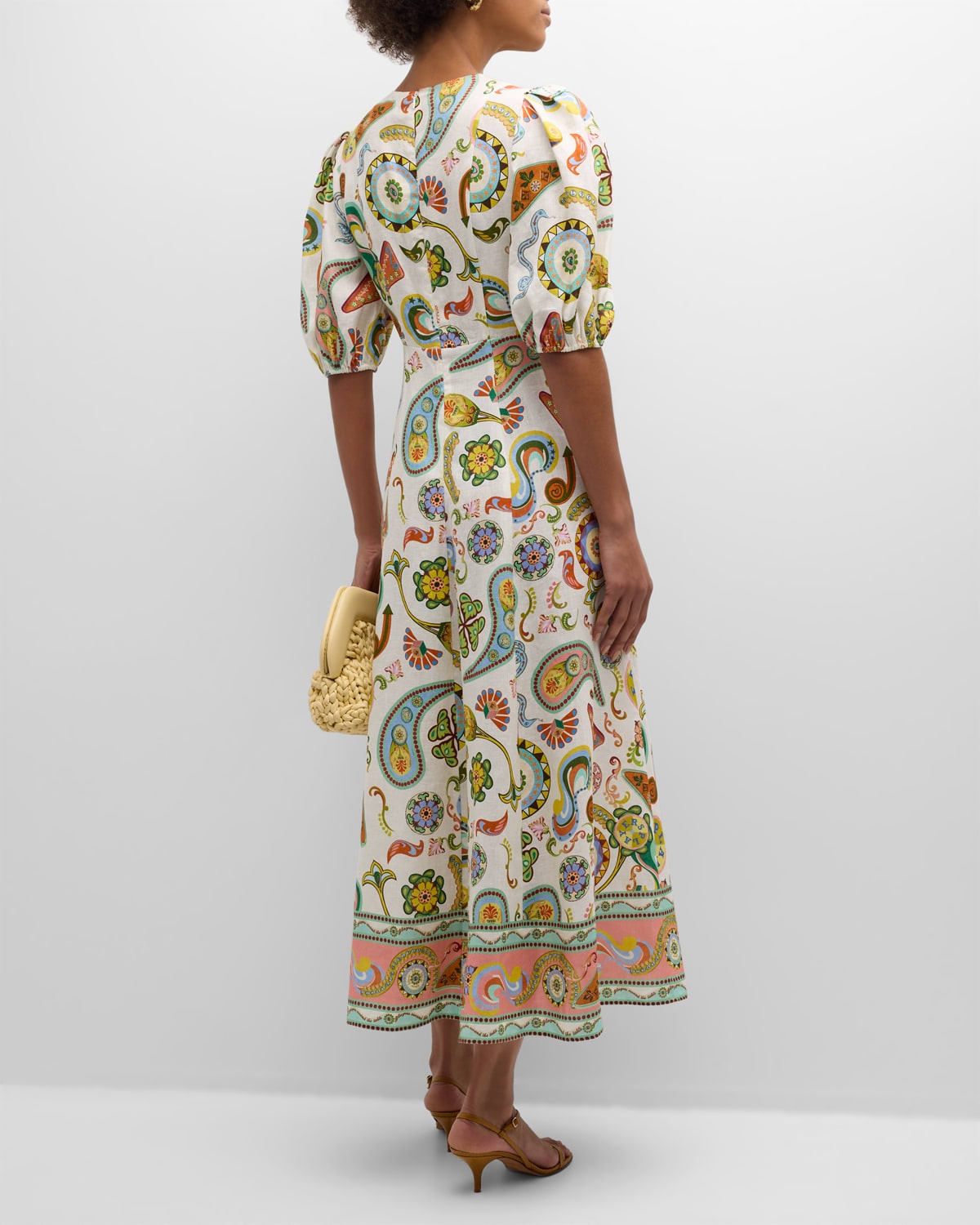 Arcade Puff-Sleeve Multicolor Linen Midi Dress - 6