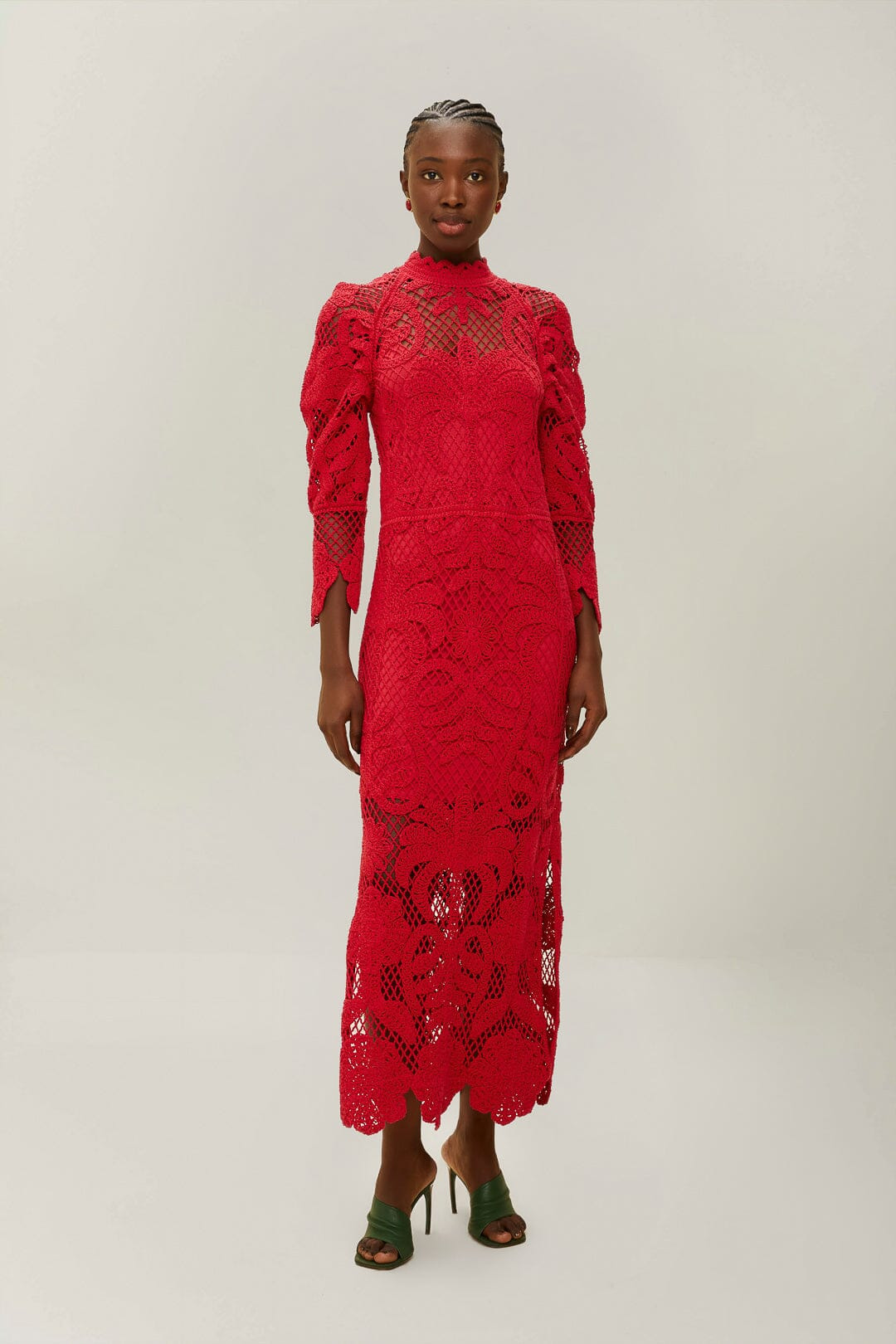 Red Lace Long Sleeve Knit Dress - 1