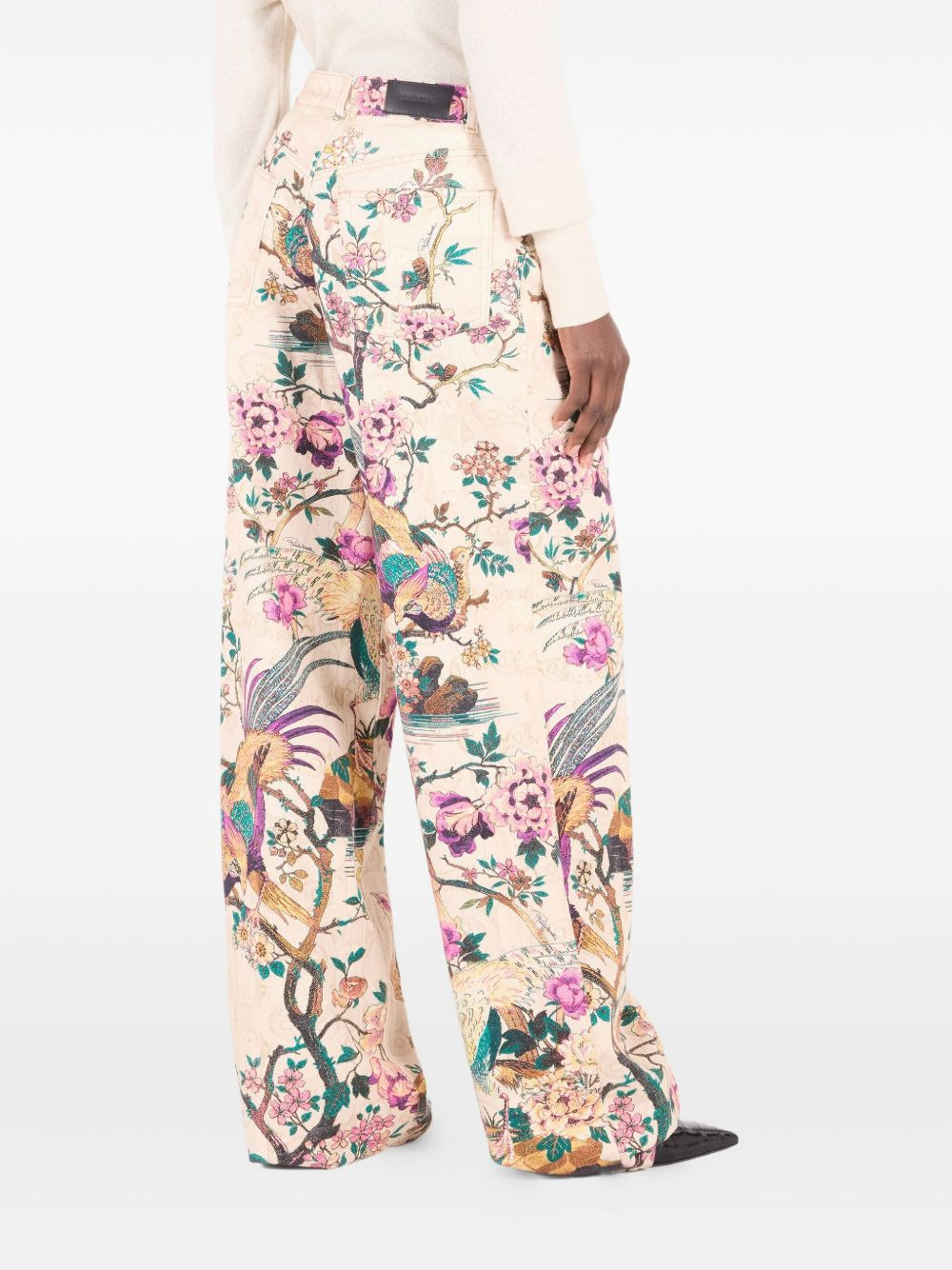floral-bird print jeans - 4
