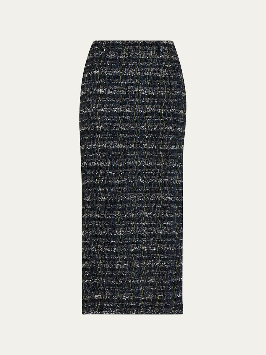 Paillette Wavy Check Tweed Midi Skirt - 1