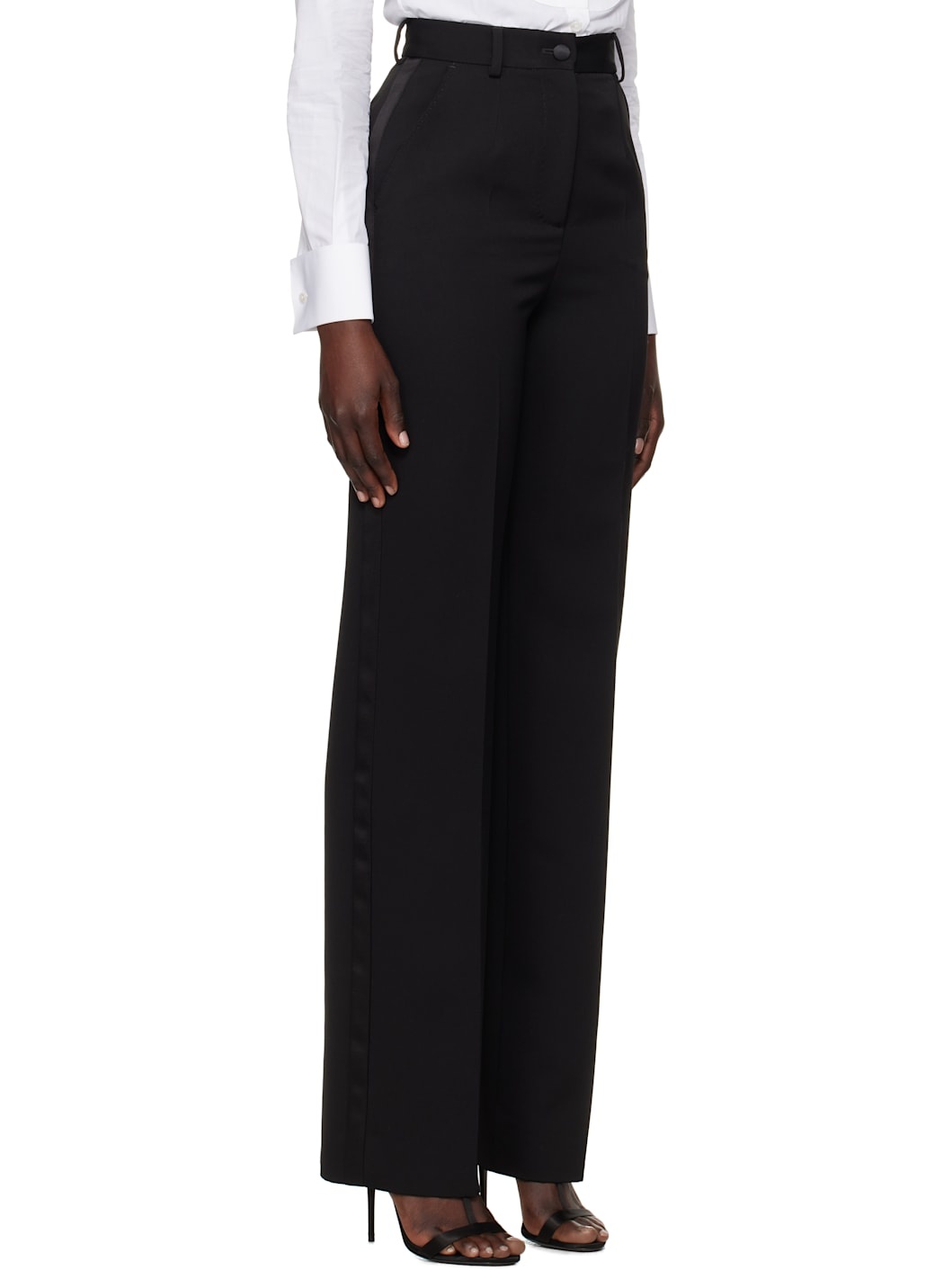 Black Wool Gabardine Tuxedo Trousers - 2