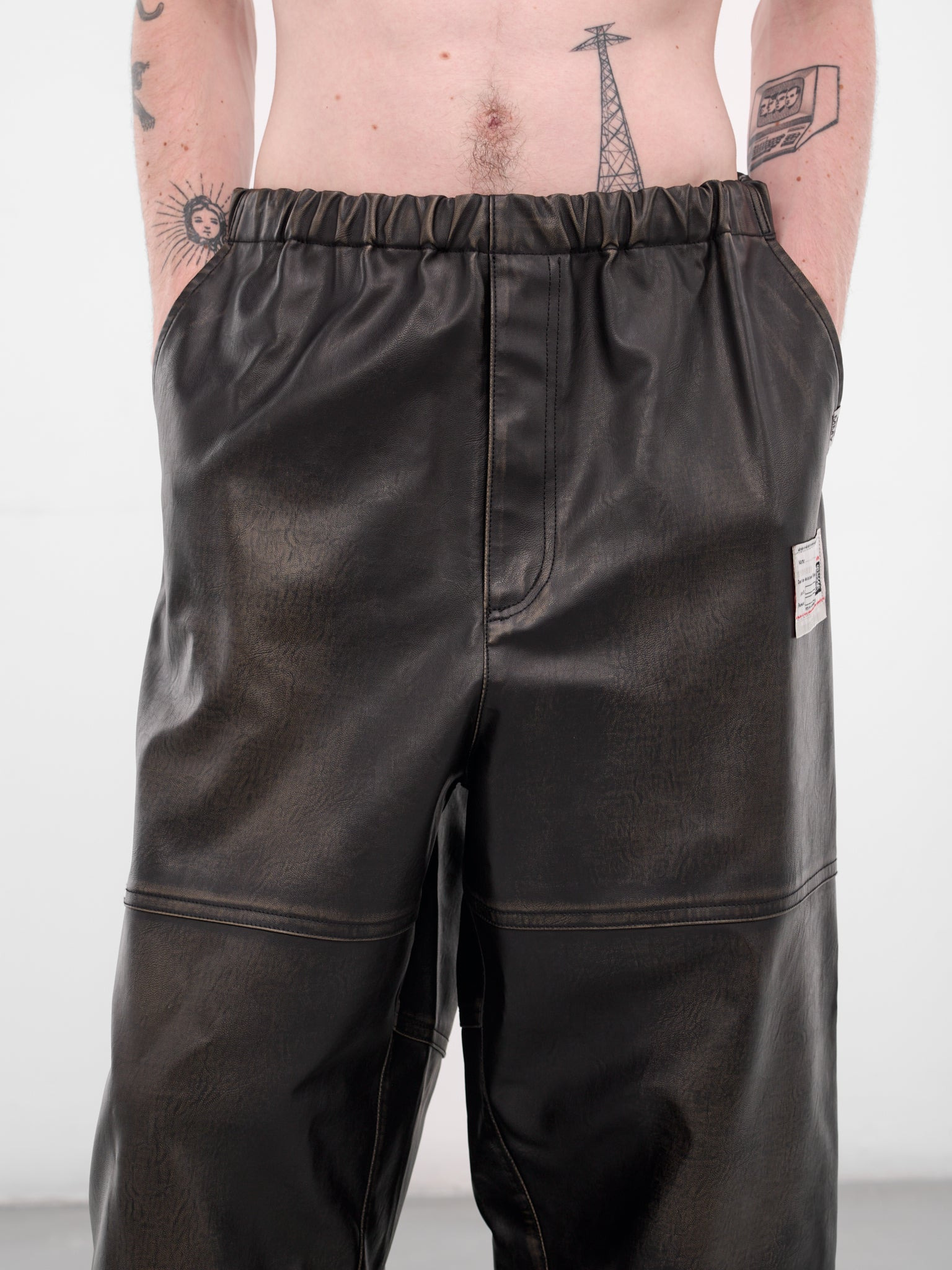 Black Leather Elastic Waist Pants - 4