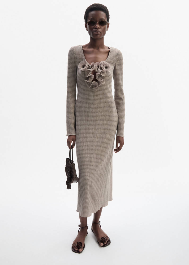 MAGDA BUTRYM Long-sleeve crepe beach maxi dress in light brown outlook