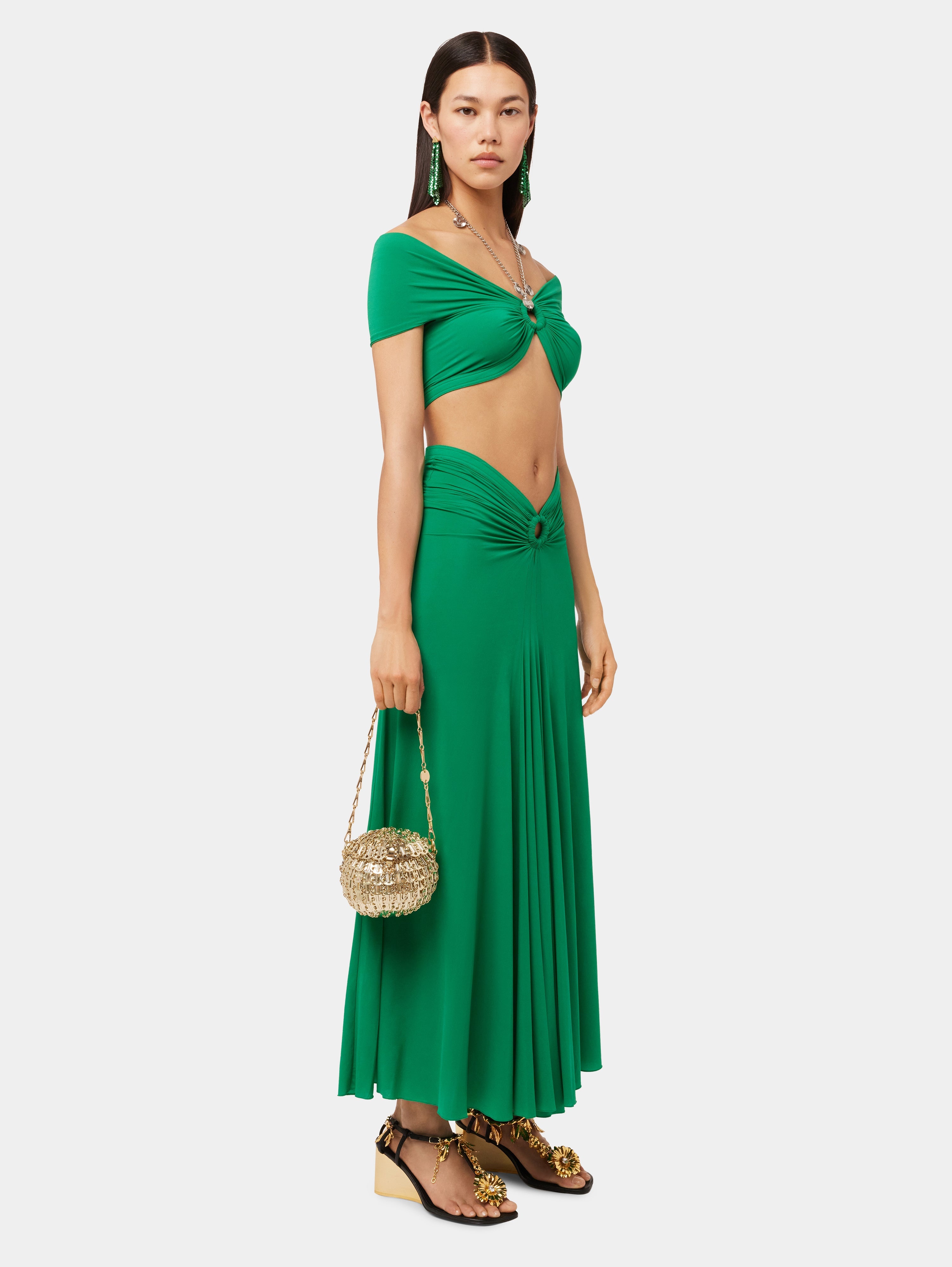 GREEN FLARED DRAPED SKIRT IN JERSEY - 3