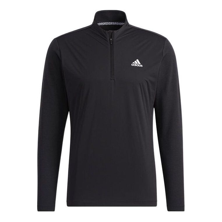 Men's adidas Solid Color Half Zipper Stand Collar Long Sleeves Black T-Shirt GT3652 - 1