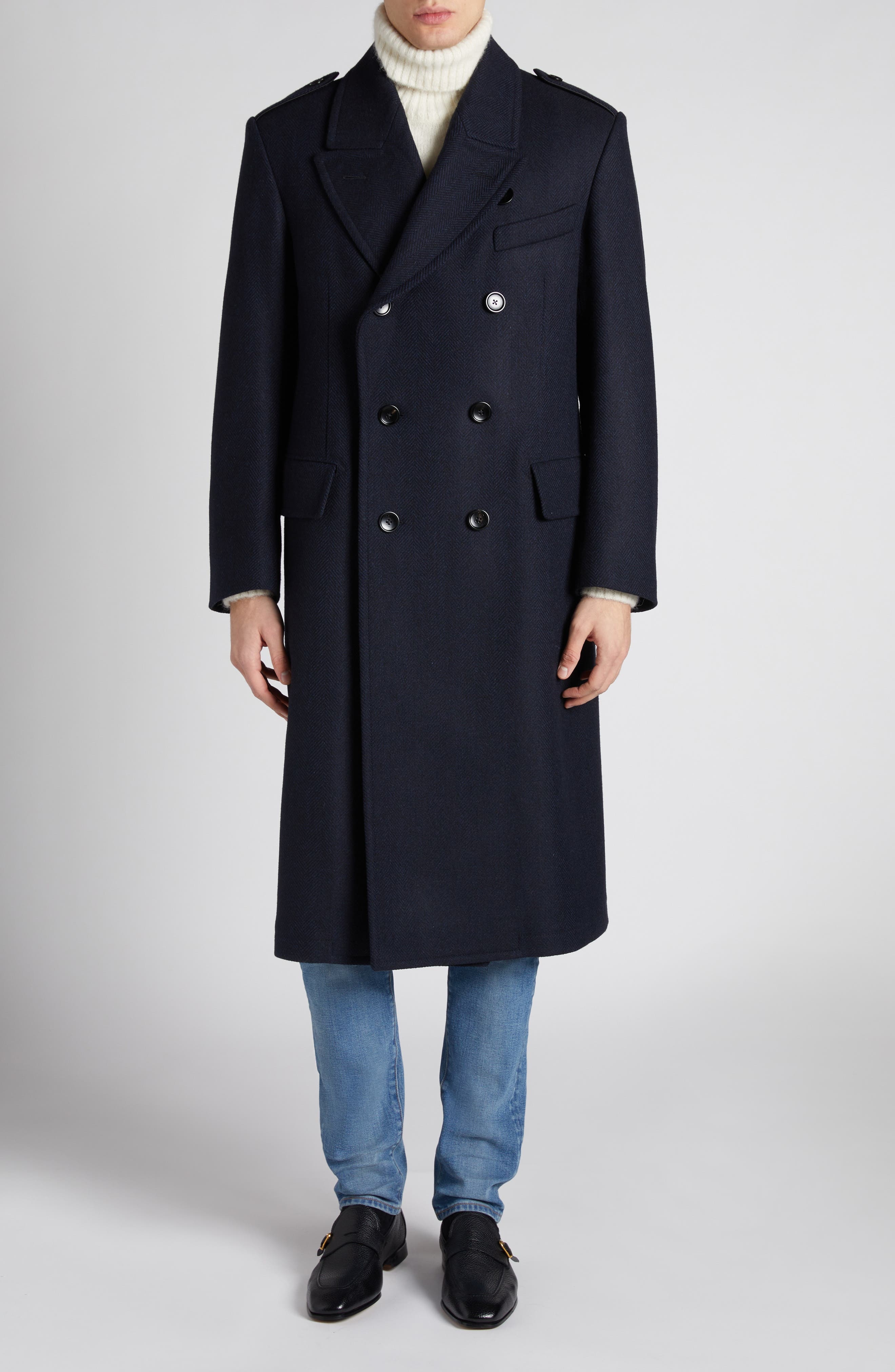 TOM FORD Officer Wool Herringbone Coat in Combo Black/Blue at Nordstrom - 1