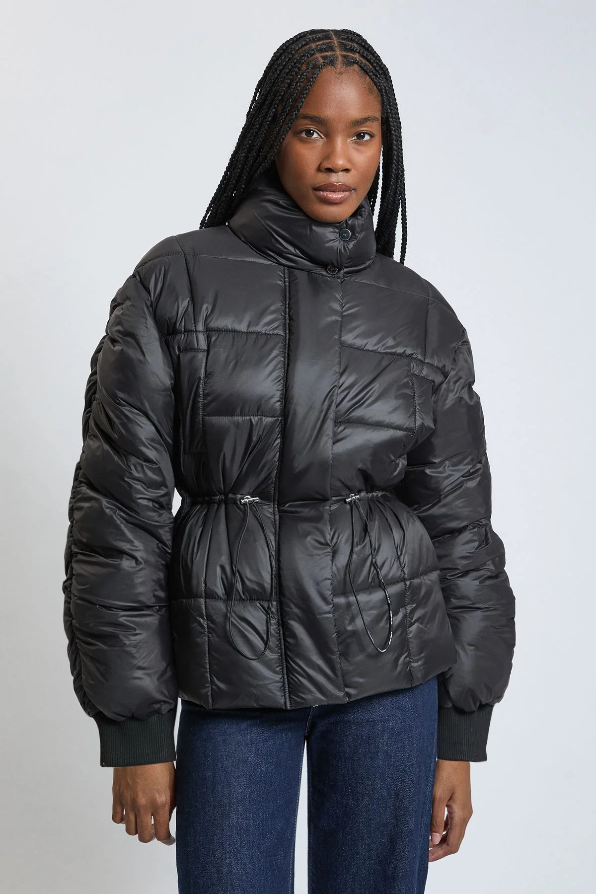 Square Padded High Neck Short Coat - 1