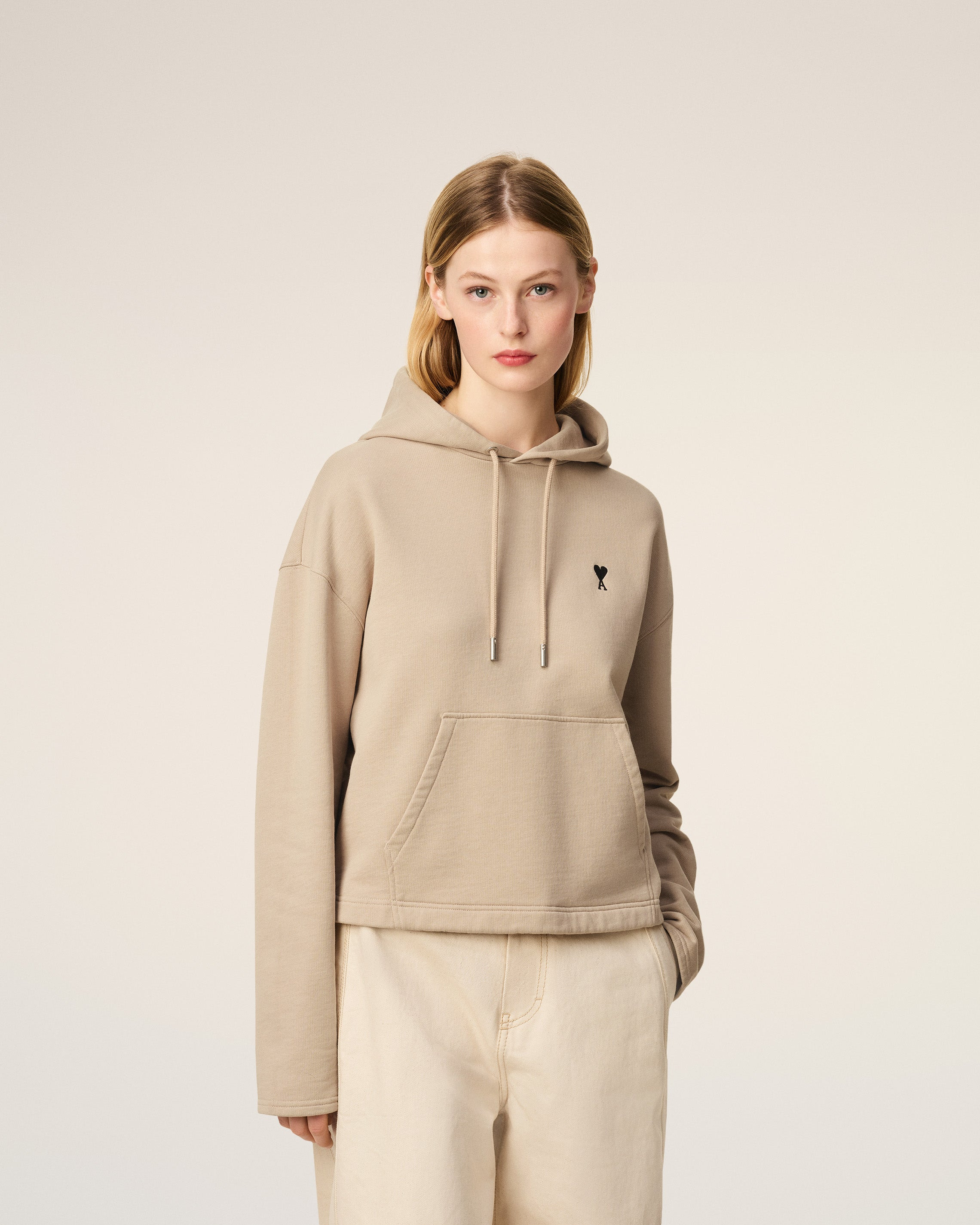 BEIGE COTTON CONTRASTED AMI DE COEUR HOODIE - 3