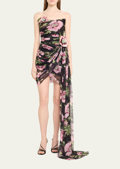 Oscar de la Renta Strapless Poppies Silk Chiffon Draped Mini Dress outlook