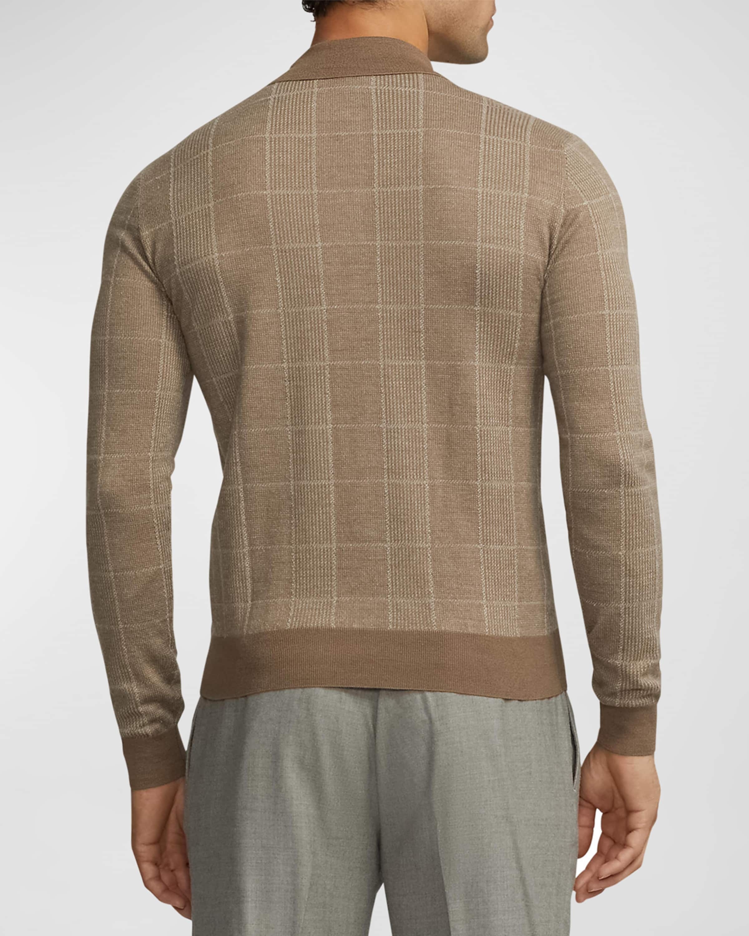 Men's Glen Plaid Cashmere-Silk Polo Sweater - 3