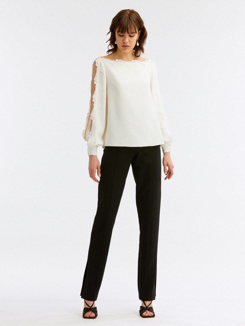 Oscar de la Renta BATEAU NECK GUIPURE TRIM BLOUSE outlook