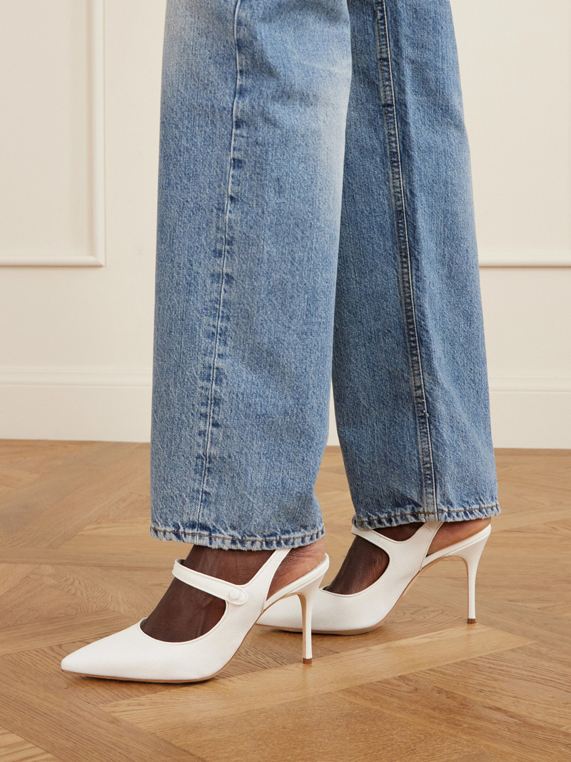 Manolo Blahnik Camparisli 90 Leather-trimmed Raffia Mary Jane Slingback Pumps outlook