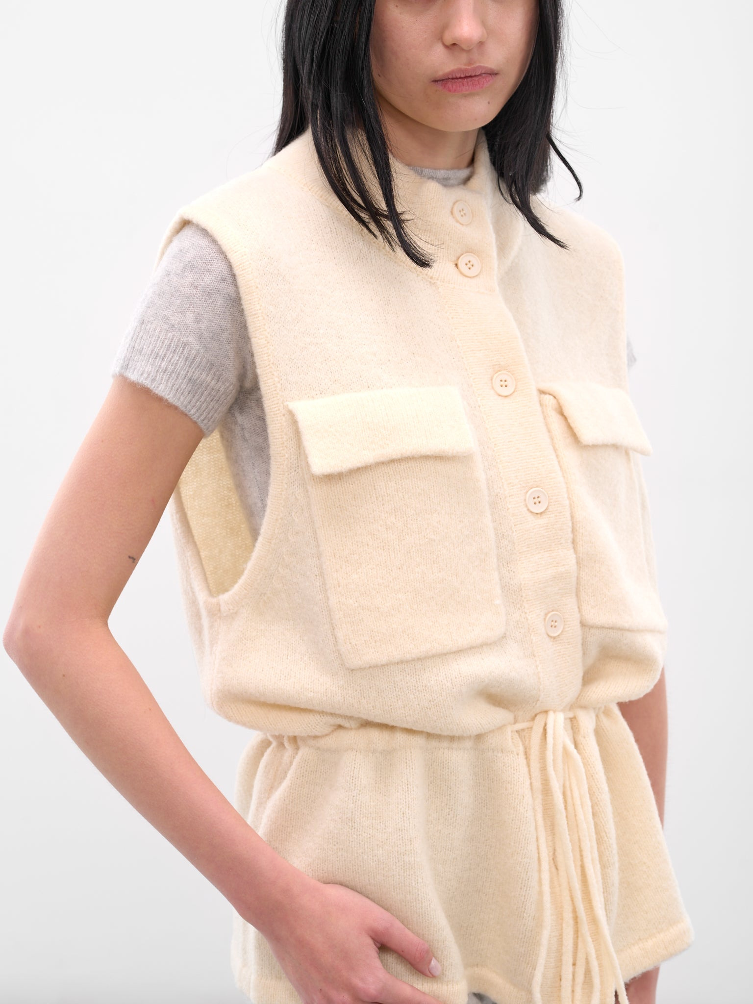 Cream Tied Buttoned Knit Vest - 4