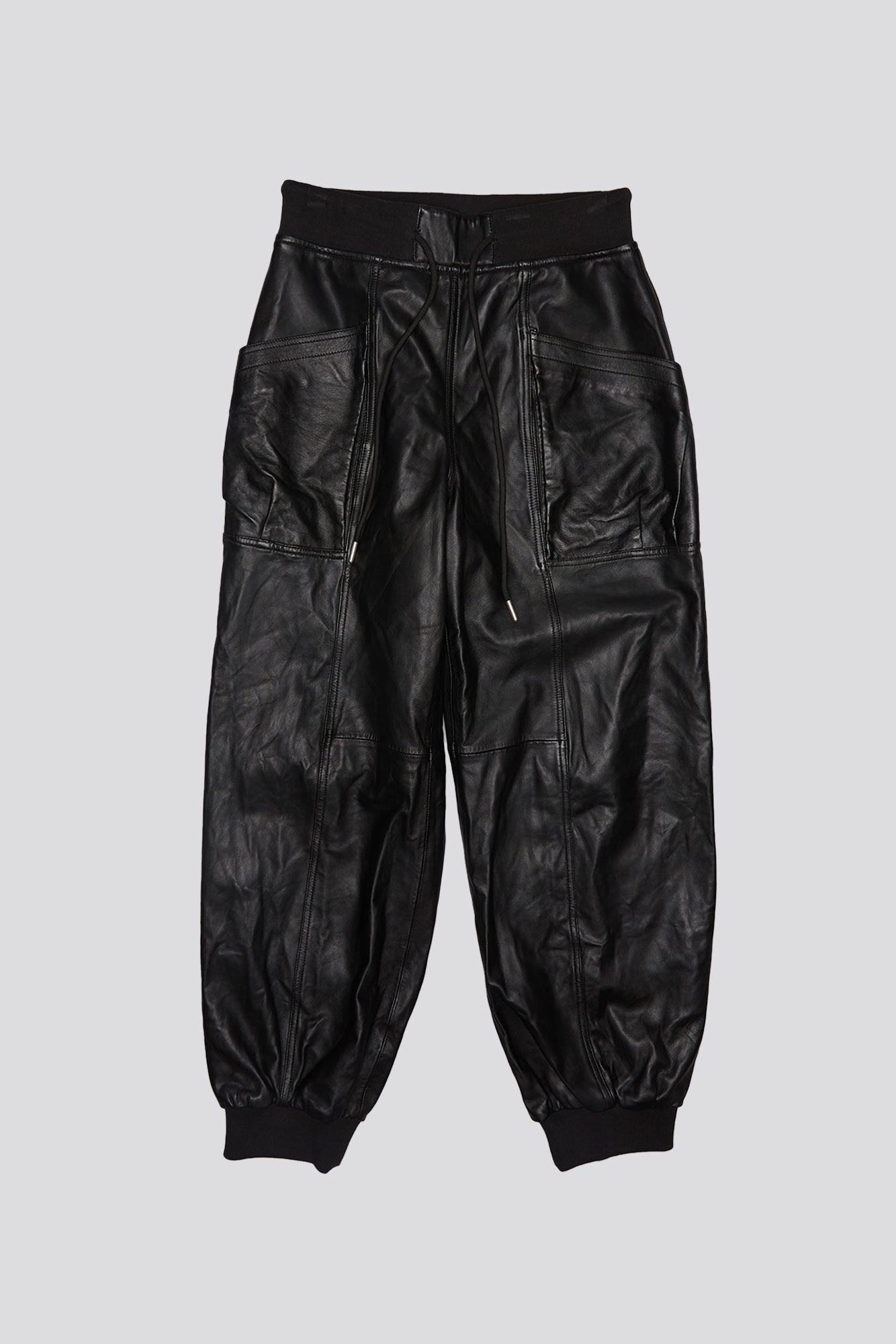 PLEATED POCKET STRAIGHT LEG LEATHER PANT - BLACK - 4
