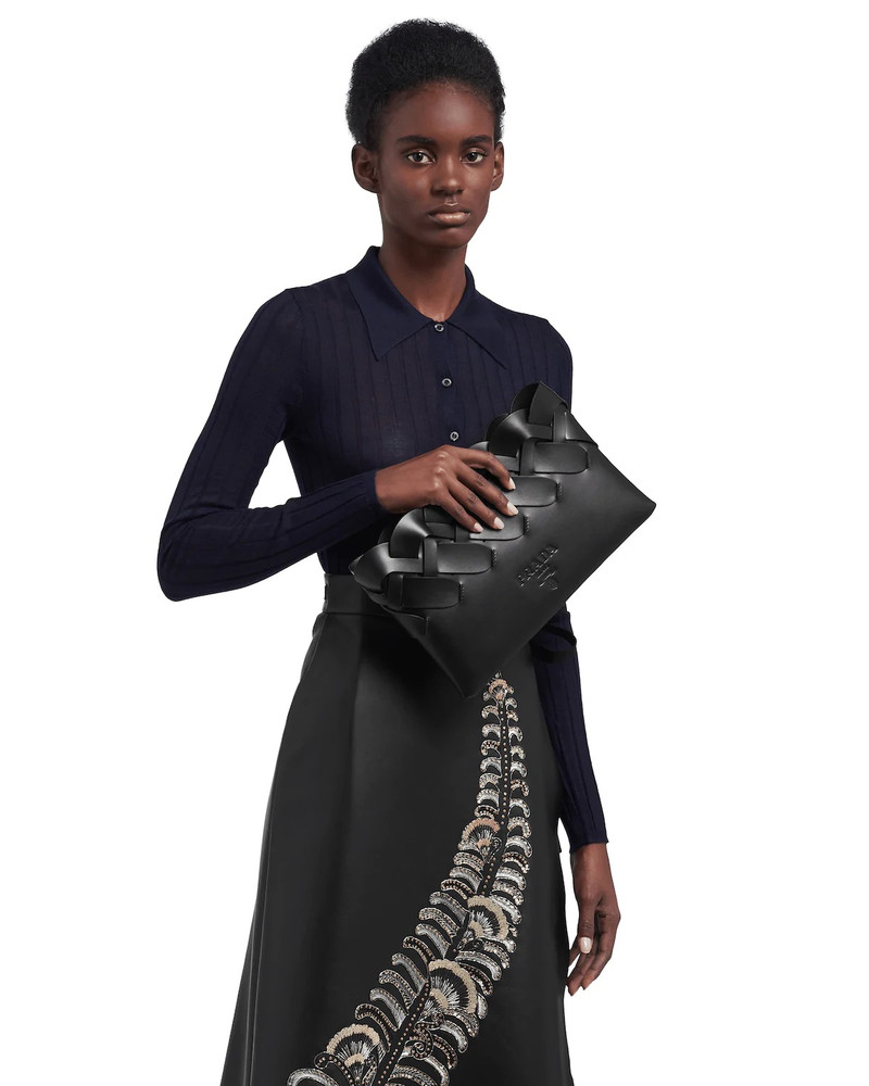 Prada Prada Tress leather clutch with large woven motif outlook