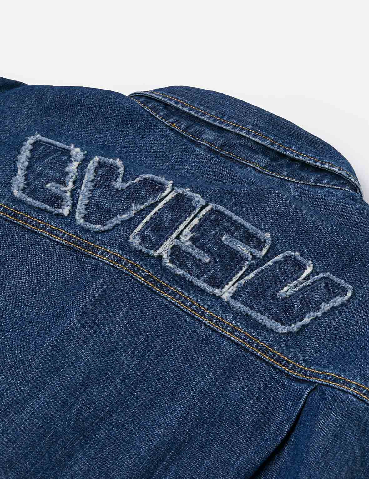 Distressed Logo Appliqué Embroidery Relax Fit Denim Shirt - 7