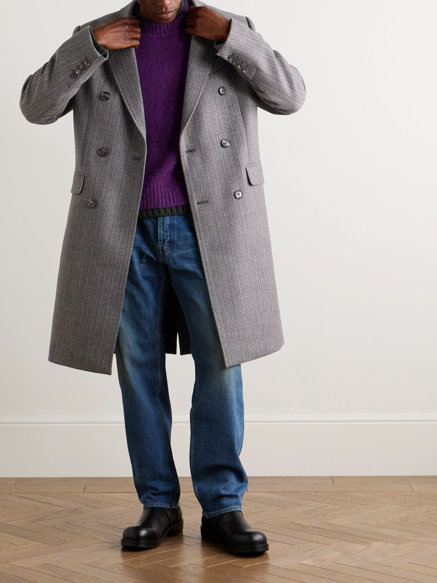 Double-Breasted Herringbone Virgin Wool-Blend Coat Beige - 2