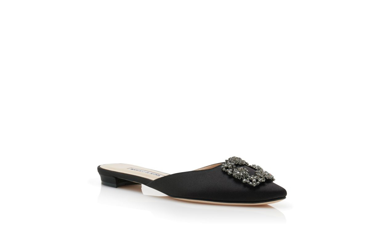 Black Satin Jewel Buckle Flat Mules - 3