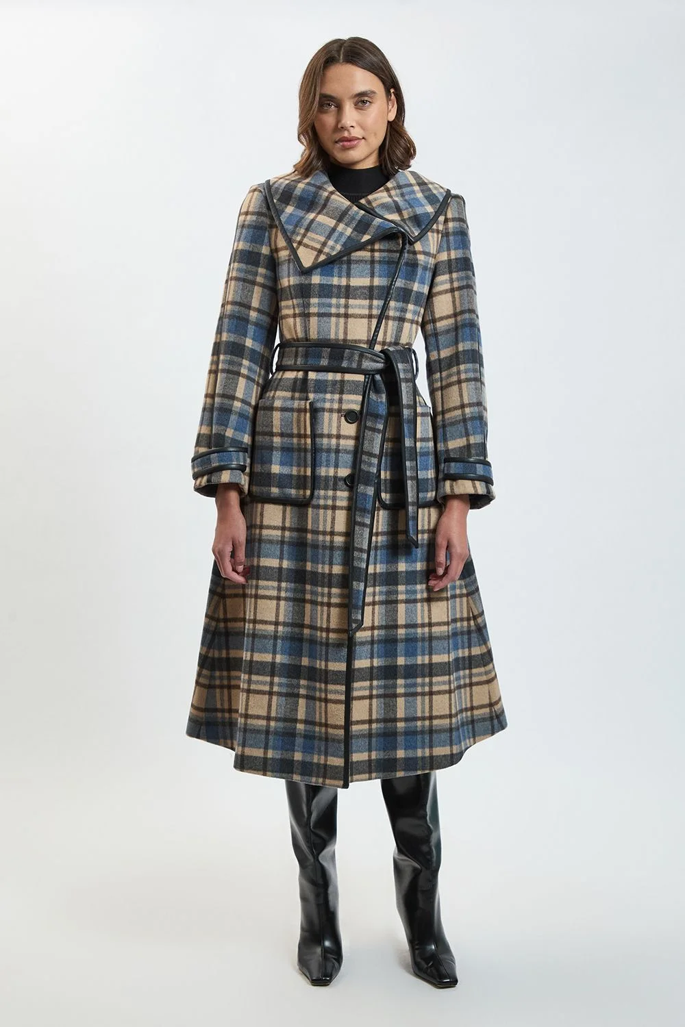 Checked Wool PU Tipped Belted Midi Coat - 1