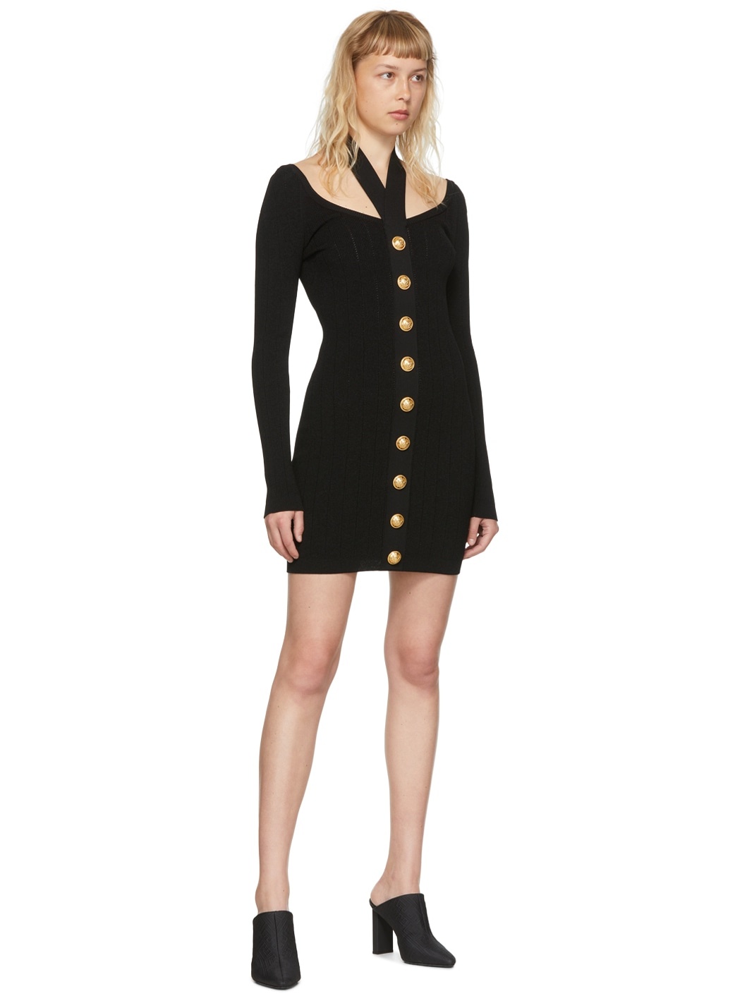 Black Viscose Button Mini Dress - 4