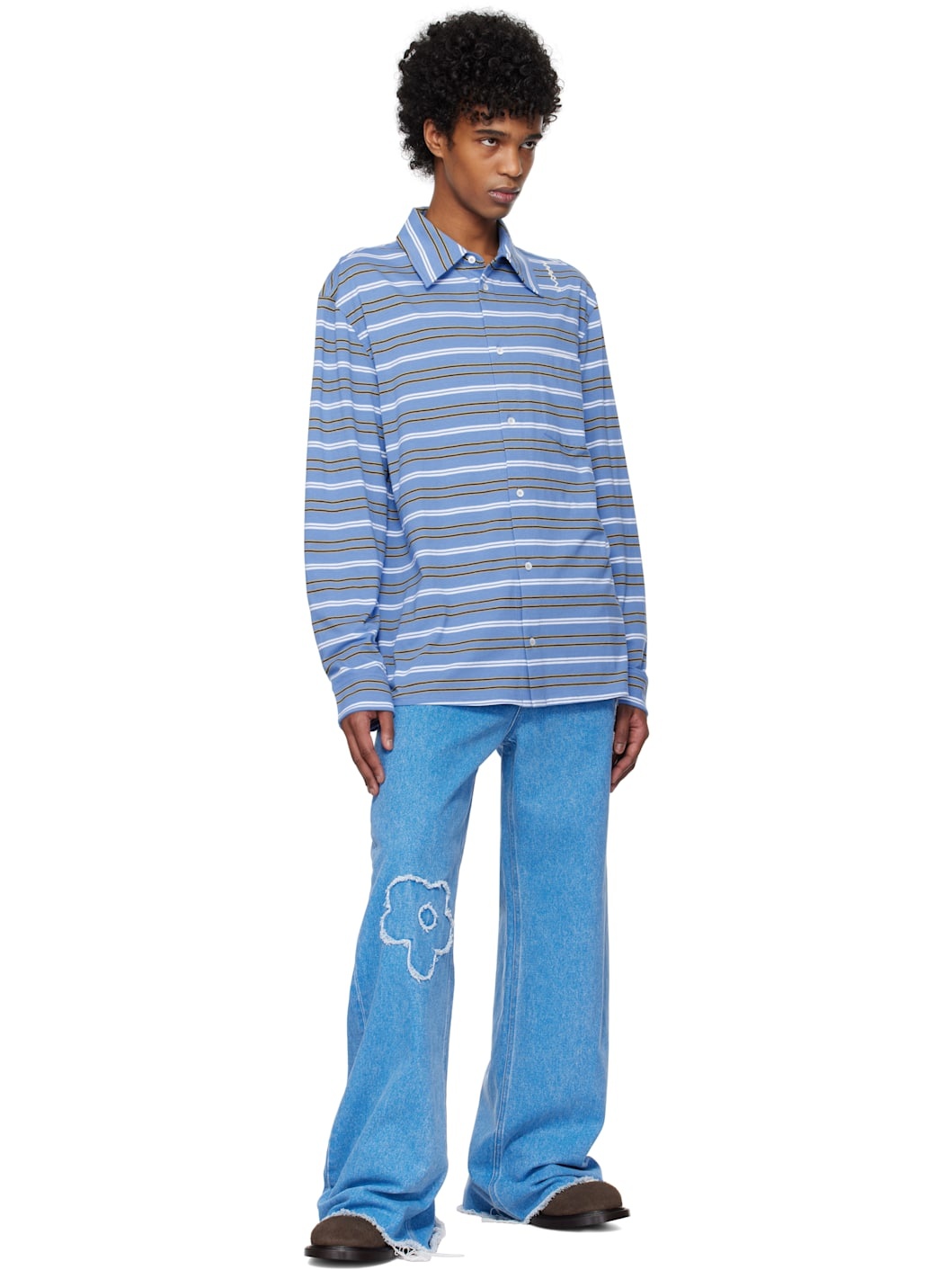 Blue & White Long Sleeved Striped Polo - 4