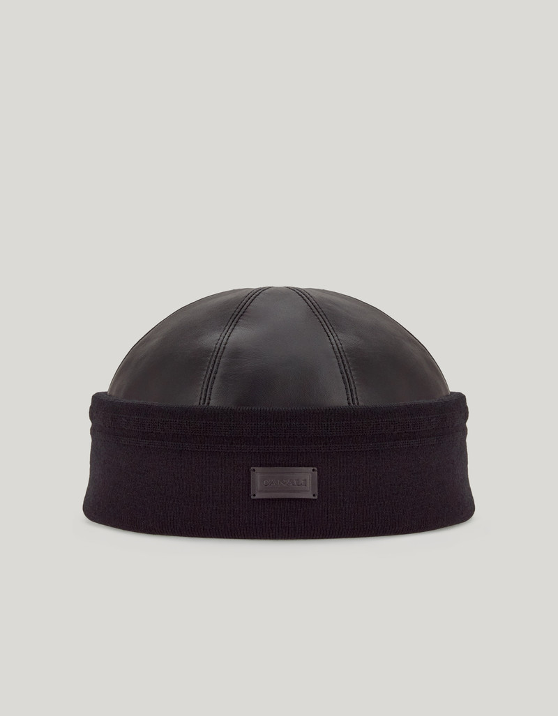 BLACK LEATHER BEANIE WITH KNIT BAND AND LOGO TAG 5