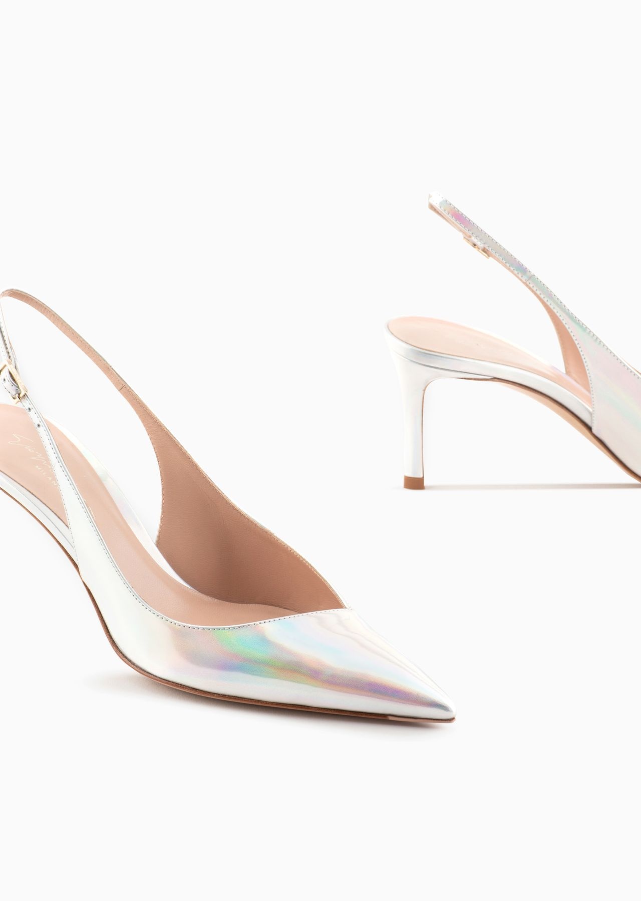 Iridescent leather heeled slingbacks with asymmetric collar - 5