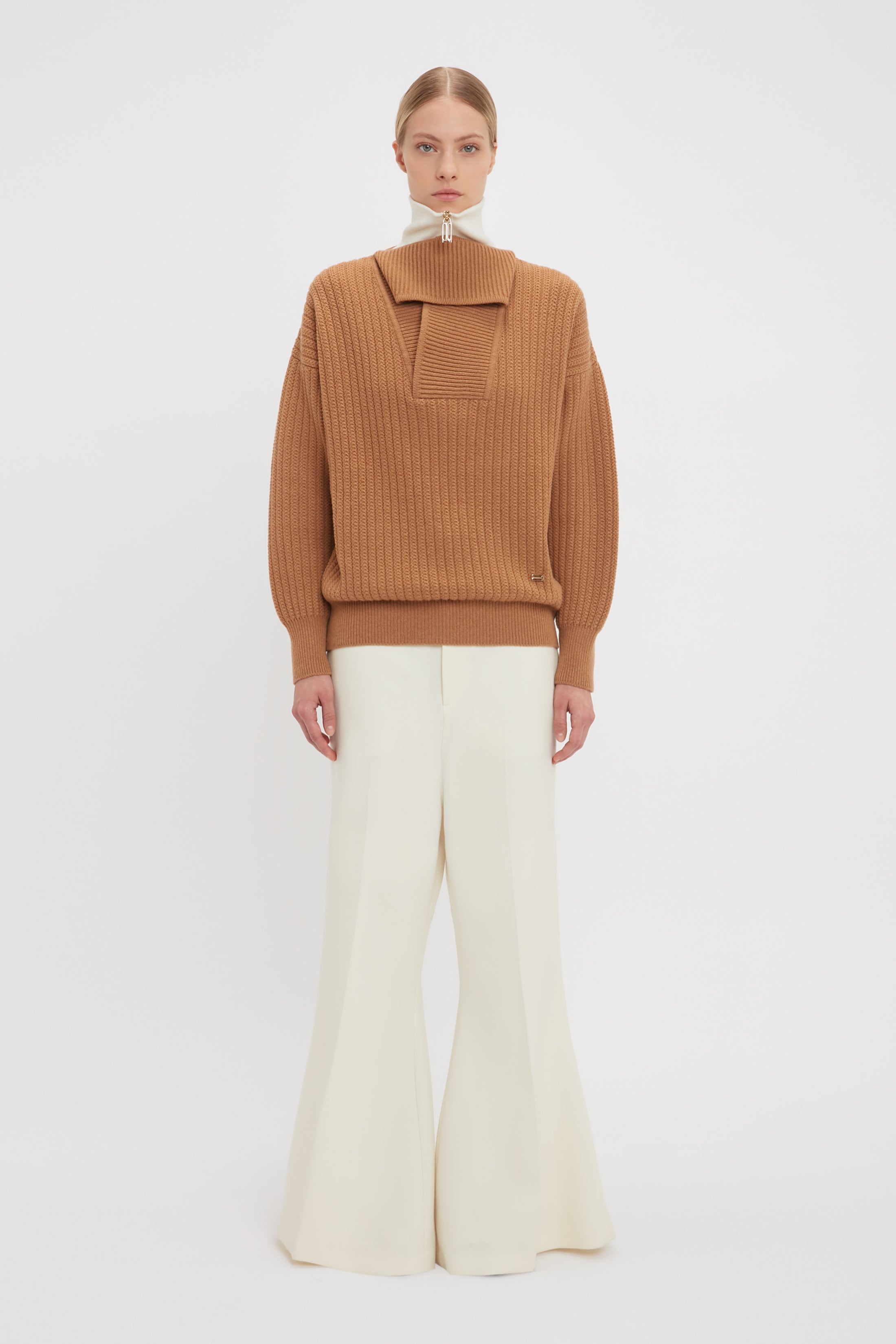 Shawl Neck Knitted Jumper In Camel - 6