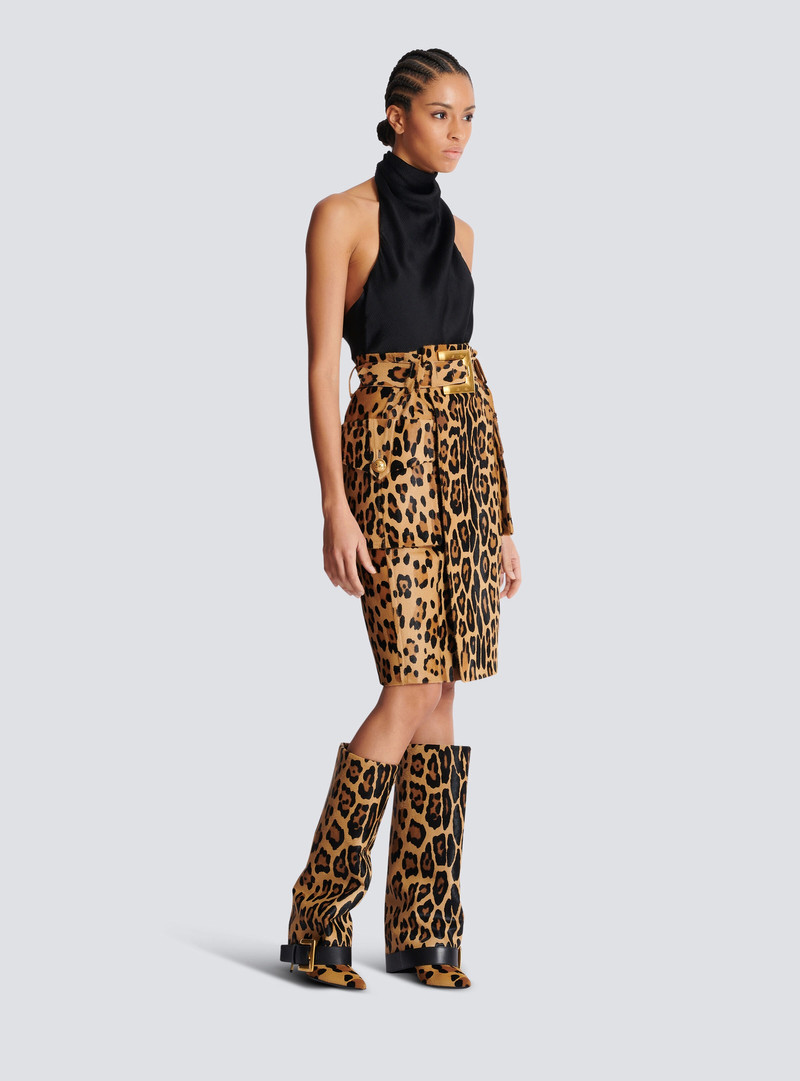 Ponyskin-style leather midi skirt with leopard pattern 3