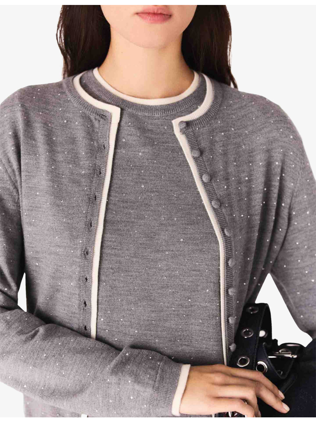 Rhinestone-Embellished Contrast-Trim Stretch Wool-Blend Cardigan - 5