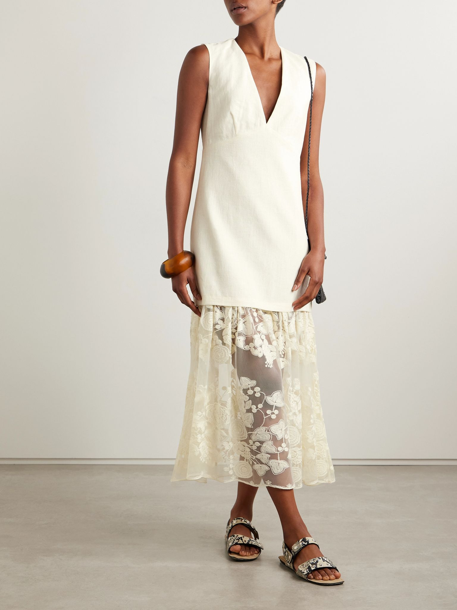 Arielle linen and cotton-blend and embroidered tulle midi dress Cream - 2
