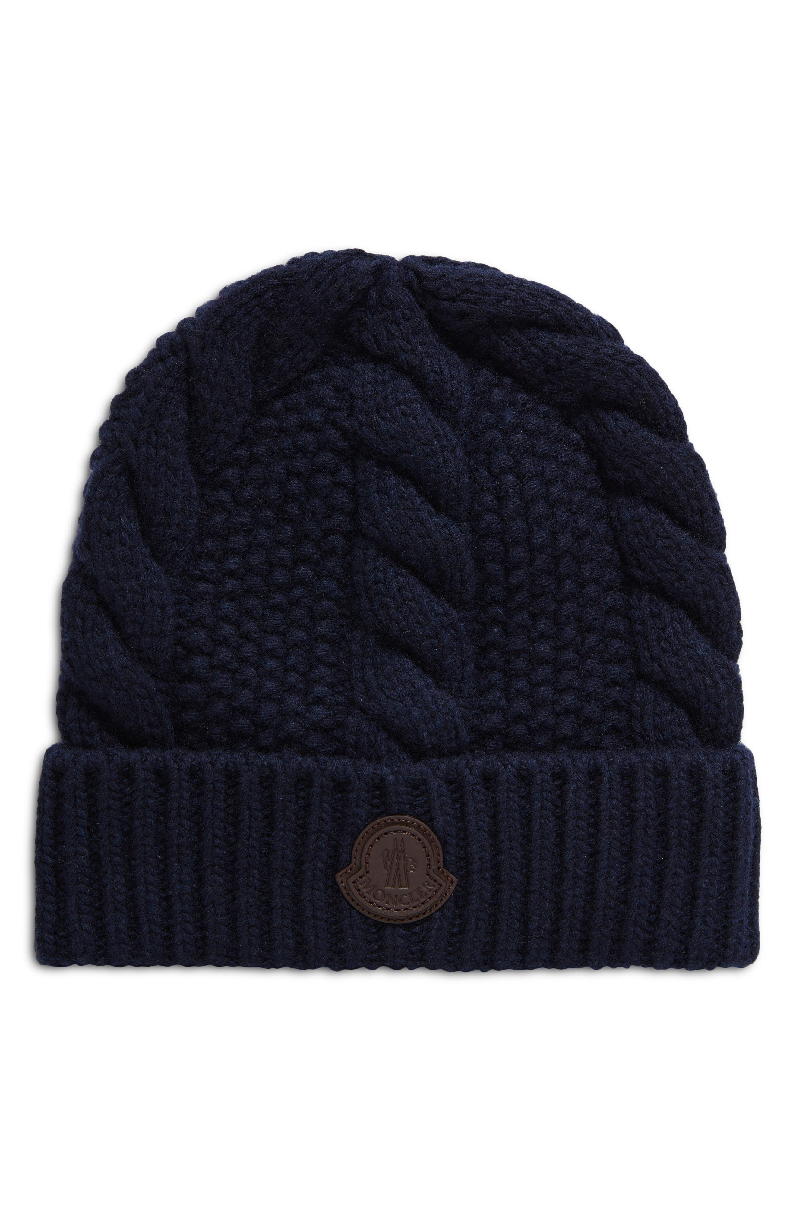 Moncler Logo Cable Stitch Virgin Wool & Cashmere Beanie in Dark Blue at Nordstrom - 1