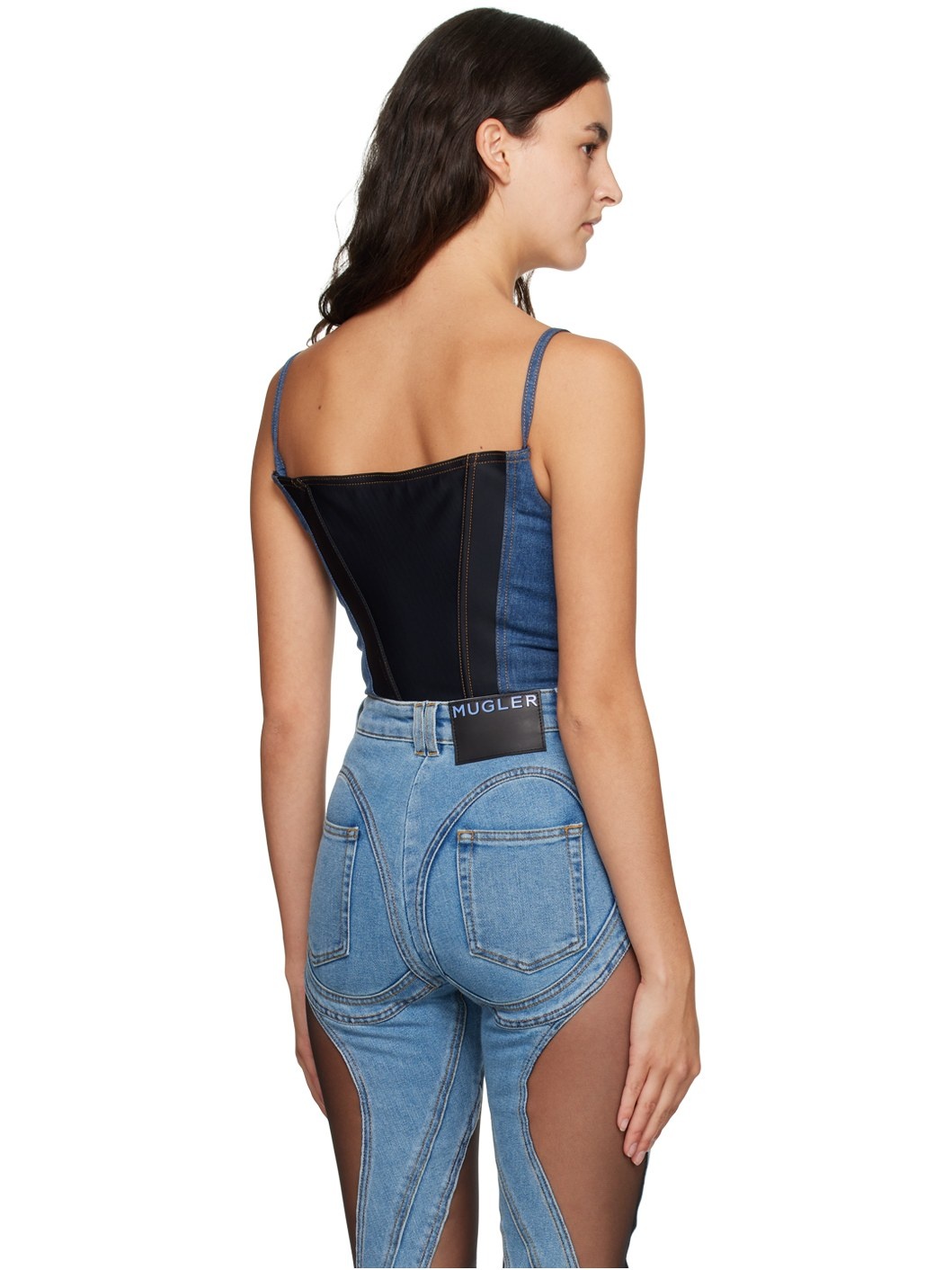 Blue & Black Paneled Denim Bodysuit - 3