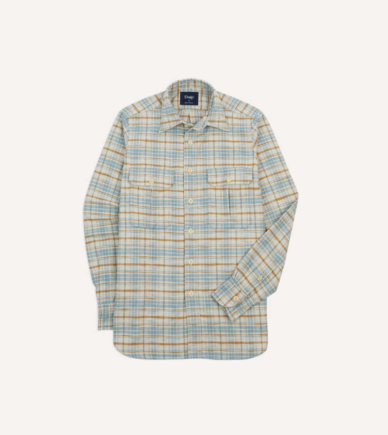 Ecru and Blue Check Cotton Two-Pocket Work Shirt 1